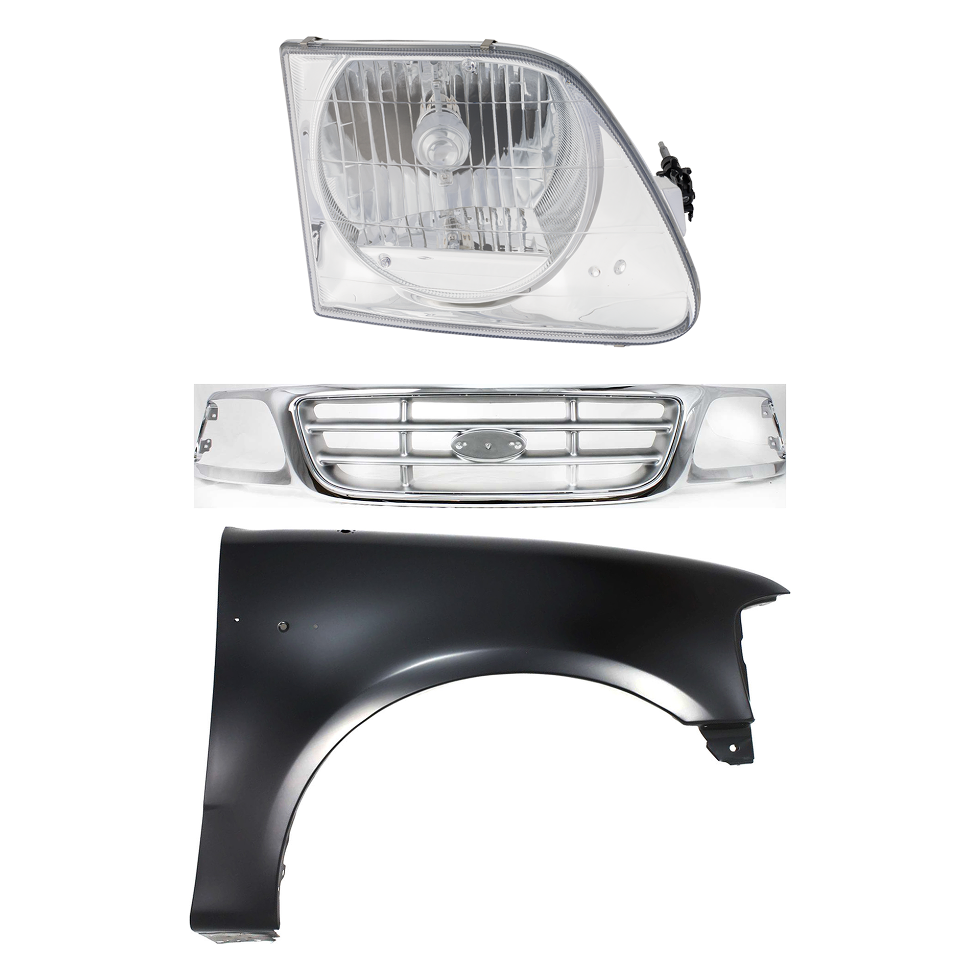 AM F 150-99-03 F 150 HERITAGE 04-04 F 250-99-99 GRILLE Chrome Shell with Paintable Insert 3 pc Kit with Fender and Headlight SKU KIT 022423-91401 Partslink FO1200371 FO1241191 FO2503182 OEM 3L3Z8200AB 2L3Z16005BA 3L3Z130