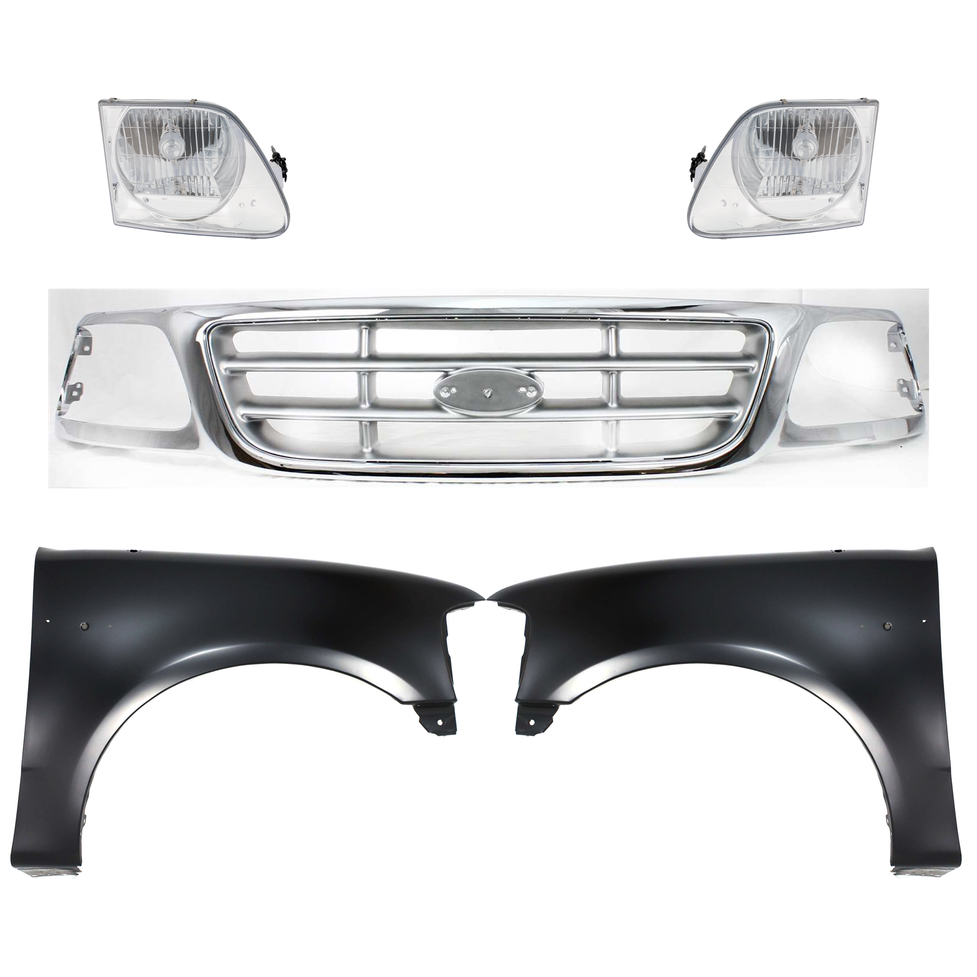 AM F 150-99-03 F 150 HERITAGE 04-04 F 250-99-99 GRILLE Chrome Shell with Paintable Insert 5 pc Kit with Fenders and Headlights SKU KIT 022423-914 Partslink FO1200371 FO1241191 FO1240191 FO2503182 FO2502182 OEM 3L3Z8200AB 2L3Z16005BA 2L3Z160