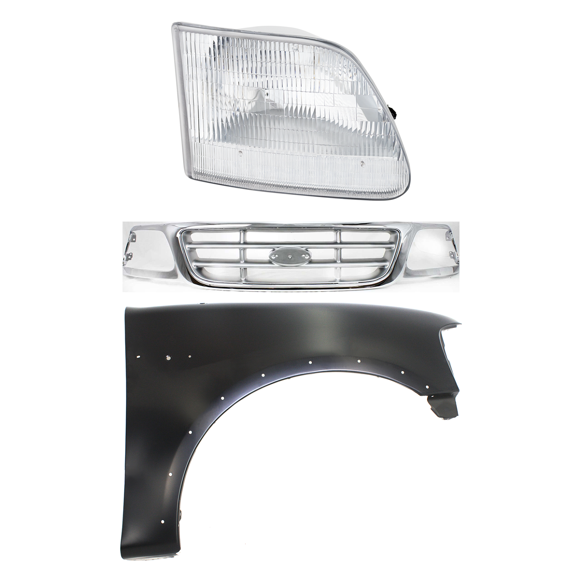AM F 150-99-03 F 150 HERITAGE 04-04 F 250-99-99 GRILLE Chrome Shell with Paintable Insert 3 pc Kit with Fender and Headlight SKU KIT 022423-91501 Partslink FO1200371 FO1241192 FO2503139 OEM 3L3Z8200AB 2L3Z16005AA 3L3Z130