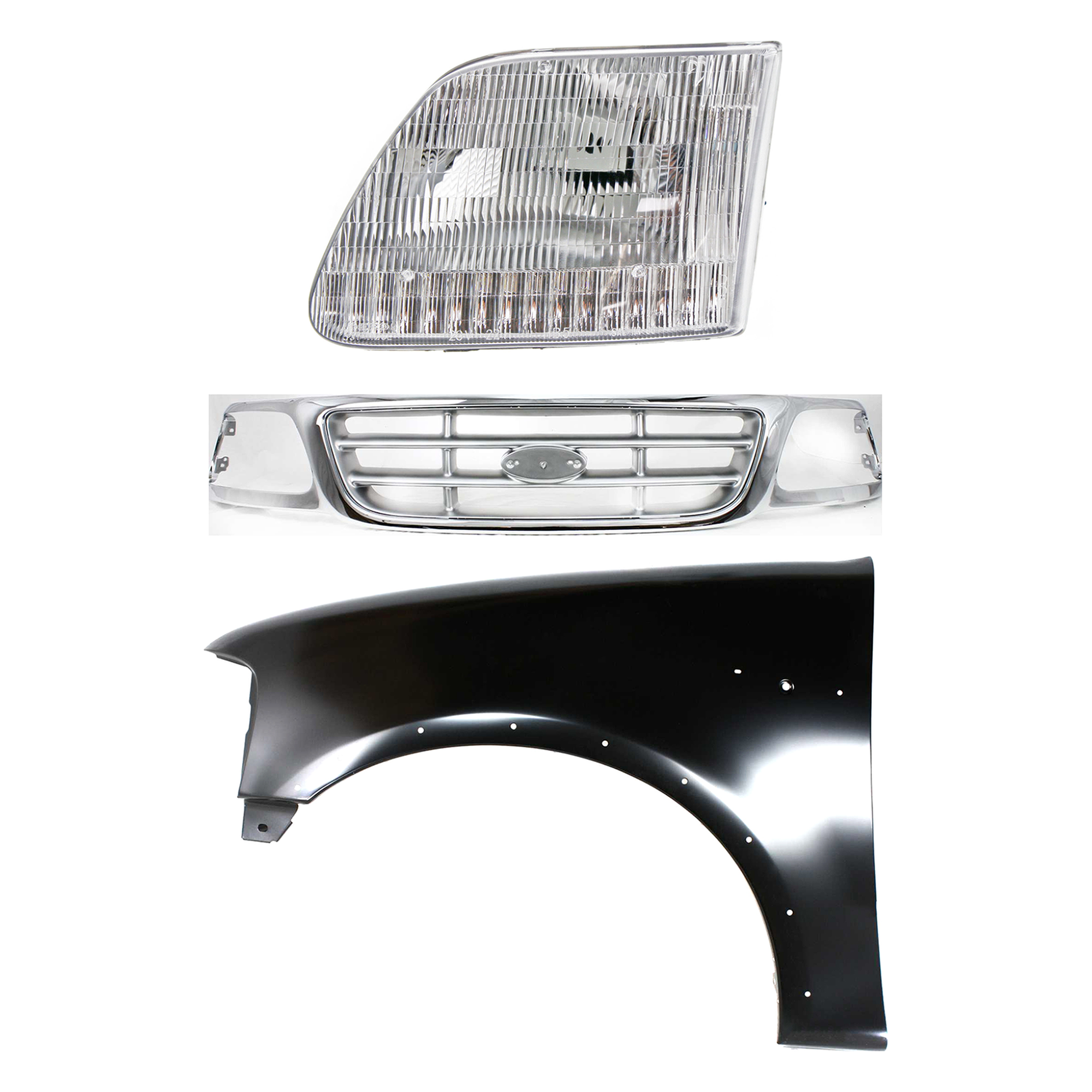AM F 150-99-03 F 150 HERITAGE 04-04 F 250-99-99 GRILLE Chrome Shell with Paintable Insert 3 pc Kit with Fender and Headlight SKU KIT 022423-91502 Partslink FO1200371 FO1240192 FO2502139 OEM 3L3Z8200AB 2L3Z16006AA 3L3Z130