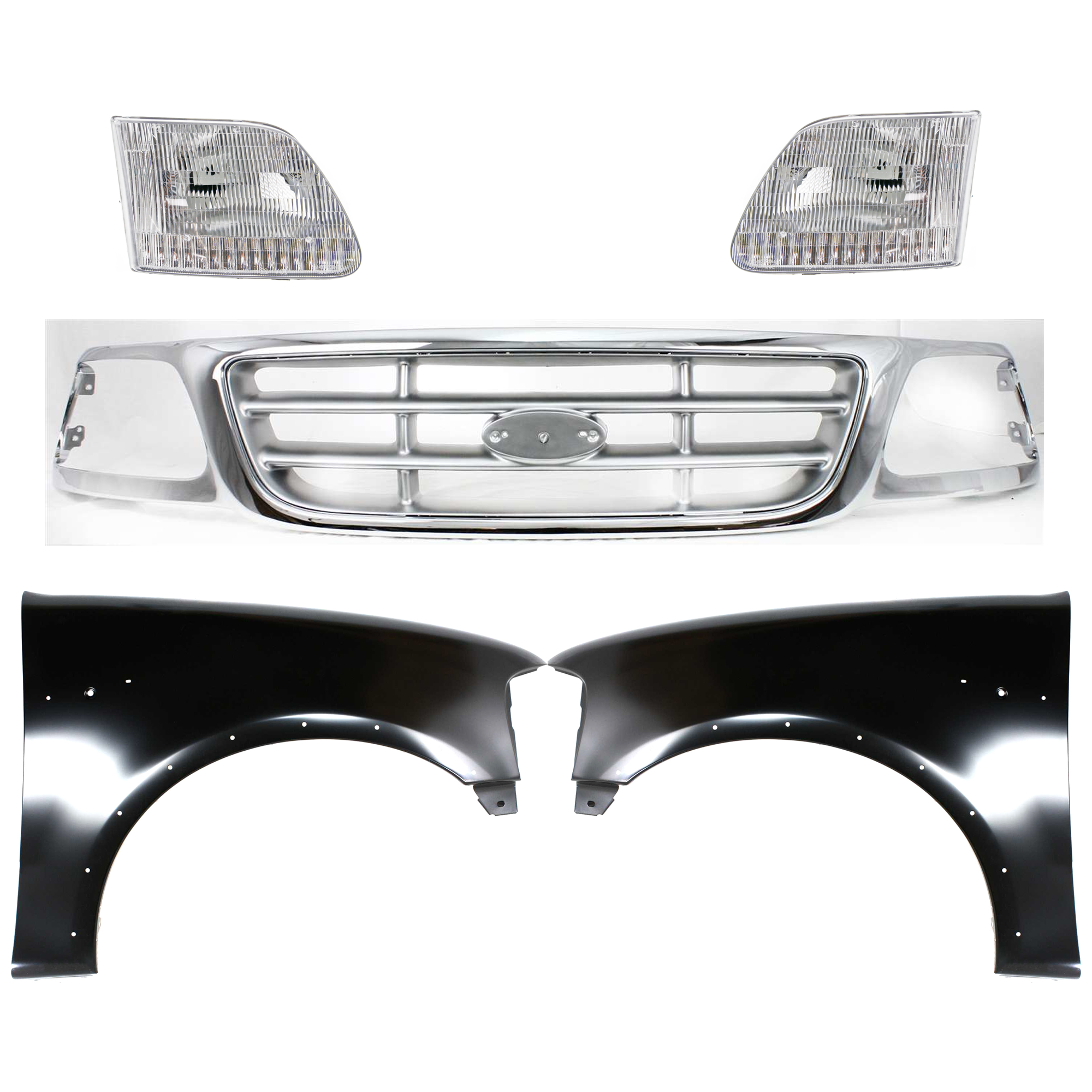 AM F 150-99-03 F 150 HERITAGE 04-04 F 250-99-99 GRILLE Chrome Shell with Paintable Insert 5 pc Kit with Fenders and Headlights SKU KIT 022423-915 Partslink FO1200371 FO1240192 FO1241192 FO2503139 FO2502139 OEM 3L3Z8200AB 2L3Z16006AA 2L3Z160