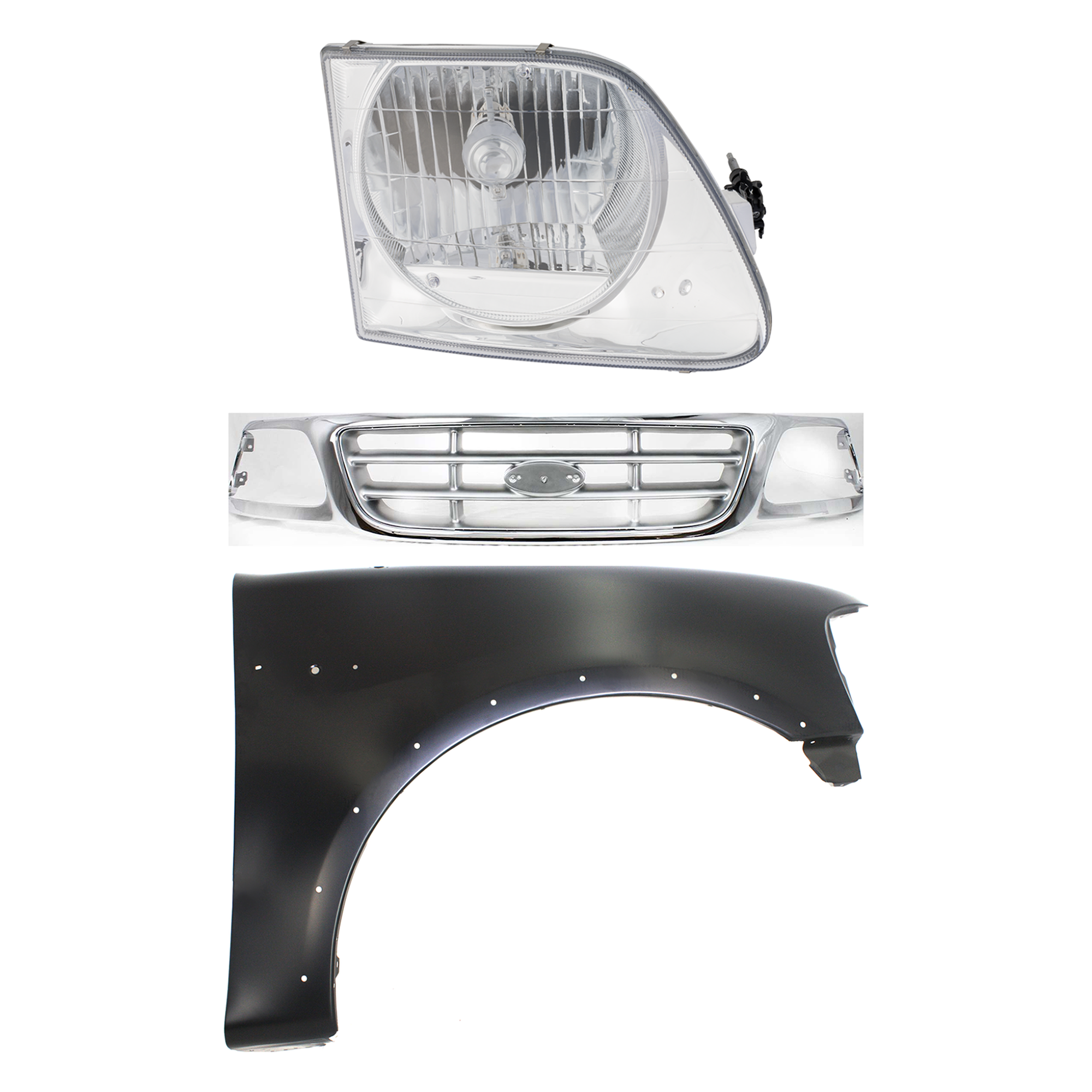 AM F 150-99-03 F 150 HERITAGE 04-04 F 250-99-99 GRILLE Chrome Shell with Paintable Insert 3 pc Kit with Fender and Headlight SKU KIT 022423-91601 Partslink FO1200371 FO1241192 FO2503182 OEM 3L3Z8200AB 2L3Z16005AA 3L3Z130