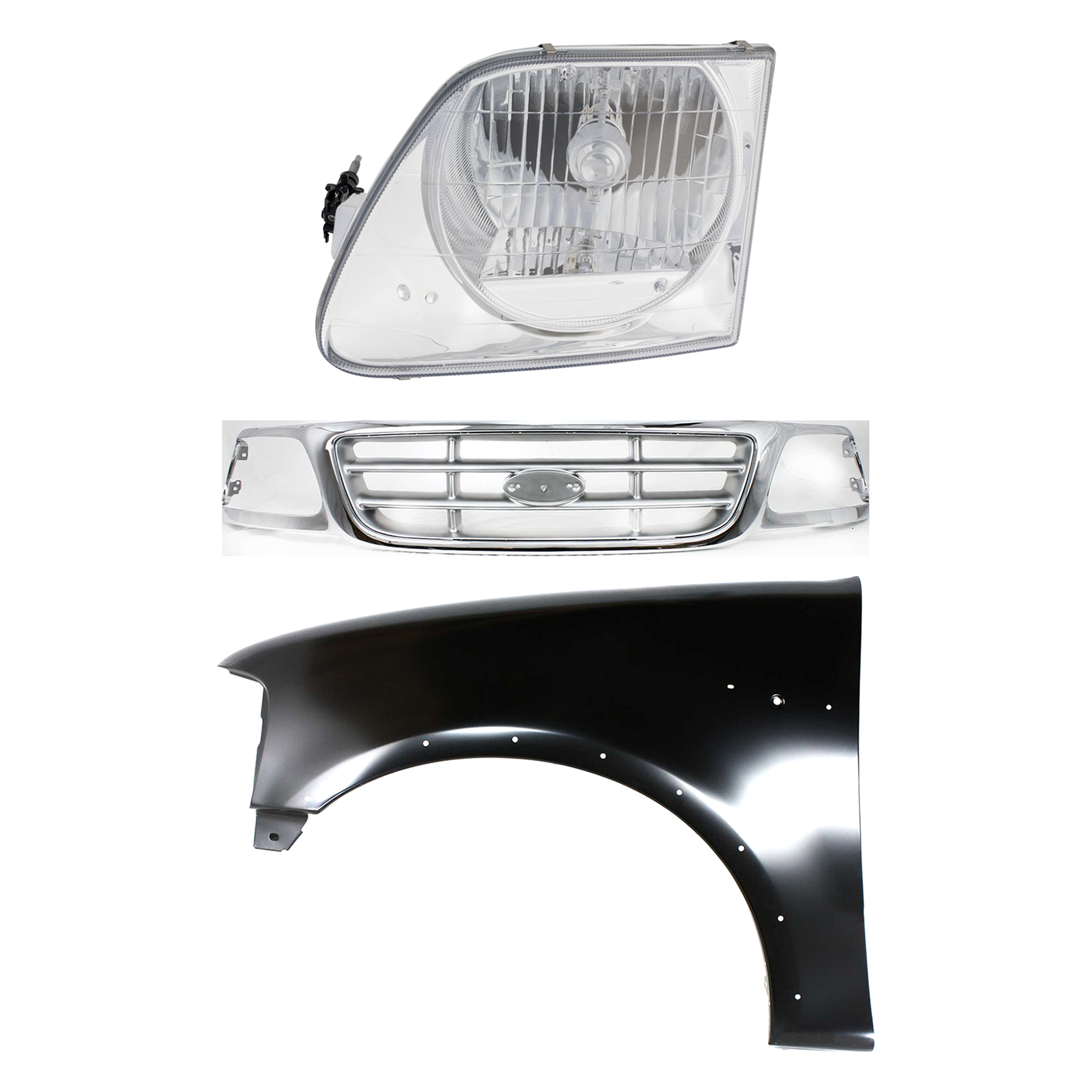 AM F 150-99-03 F 150 HERITAGE 04-04 F 250-99-99 GRILLE Chrome Shell with Paintable Insert 3 pc Kit with Fender and Headlight SKU KIT 022423-91602 Partslink FO1200371 FO1240192 FO2502182 OEM 3L3Z8200AB 2L3Z16006AA 3L3Z130