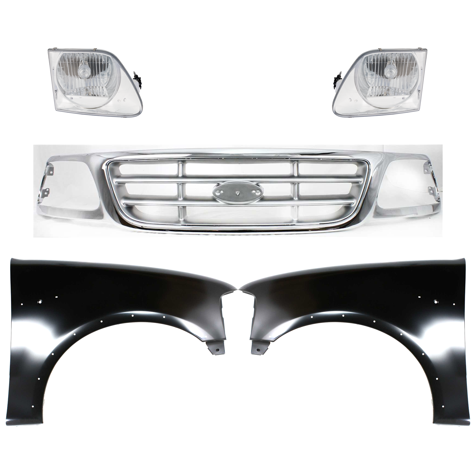 AM F 150-99-03 F 150 HERITAGE 04-04 F 250-99-99 GRILLE Chrome Shell with Paintable Insert 5 pc Kit with Fenders and Headlights SKU KIT 022423-916 Partslink FO1200371 FO1240192 FO1241192 FO2503182 FO2502182 OEM 3L3Z8200AB 2L3Z16006AA 2L3Z160