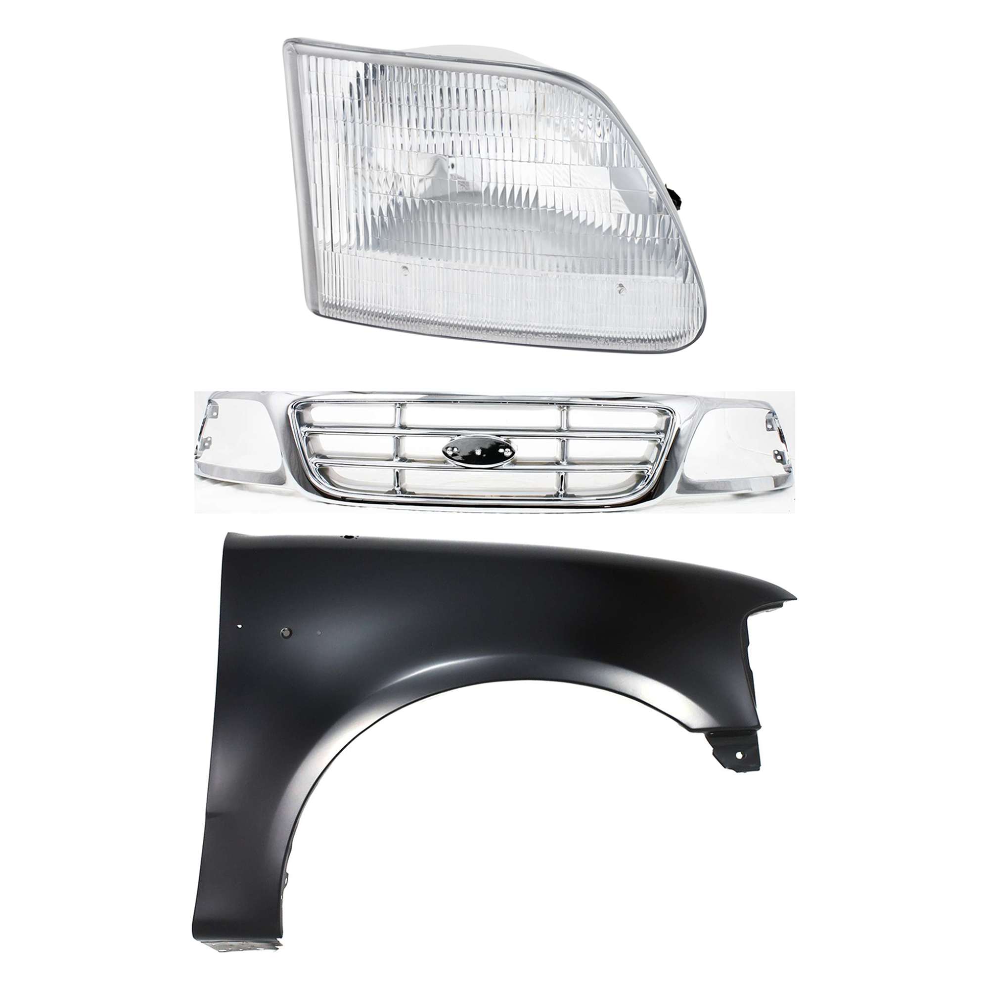 AM F 150-99-03 F 150 HERITAGE 04-04 F 250-99-99 GRILLE Chrome Shell and Insert 3 pc Kit with Fender and Headlight SKU KIT 022423-91701 Partslink FO1200537 FO1241191 FO2503139 OEM XL3Z8200-2L3Z16005BA 3L3Z13008
