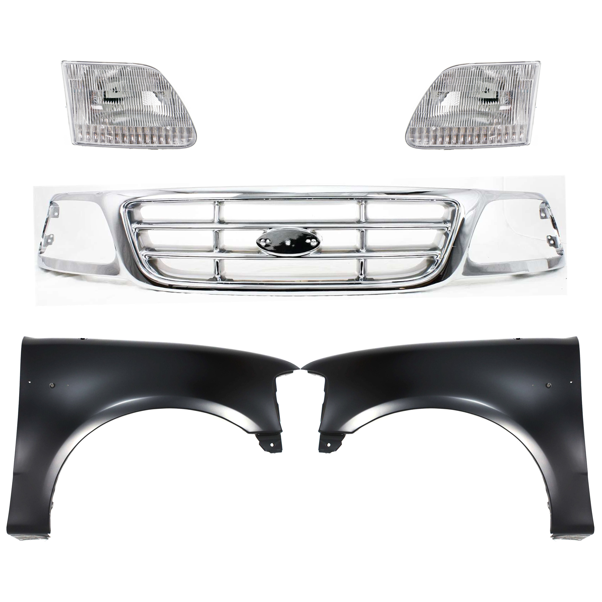 AM F 150-99-03 F 150 HERITAGE 04-04 F 250-99-99 GRILLE Chrome Shell and Insert 5 pc Kit with Fenders and Headlights SKU KIT 022423-917 Partslink FO1200537 FO1241191 FO1240191 FO2503139 FO2502139 OEM XL3Z8200-2L3Z16005BA 2L3Z16006