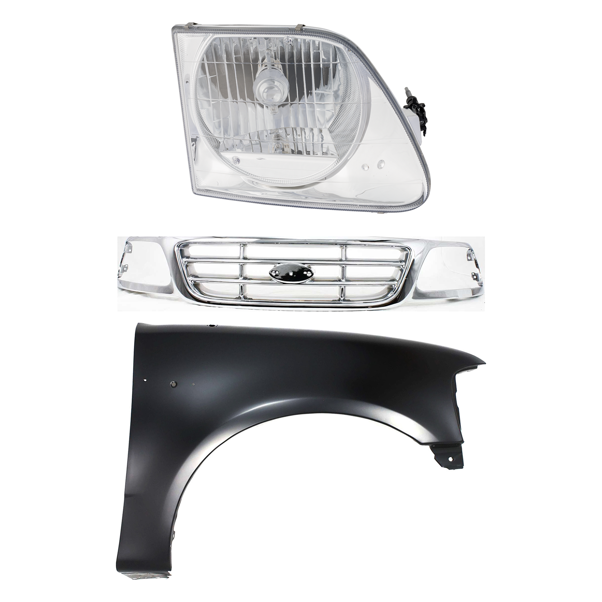 AM F 150-99-03 F 150 HERITAGE 04-04 F 250-99-99 GRILLE Chrome Shell and Insert 3 pc Kit with Fender and Headlight SKU KIT 022423-91801 Partslink FO1200537 FO1241191 FO2503182 OEM XL3Z8200-2L3Z16005BA 3L3Z13008