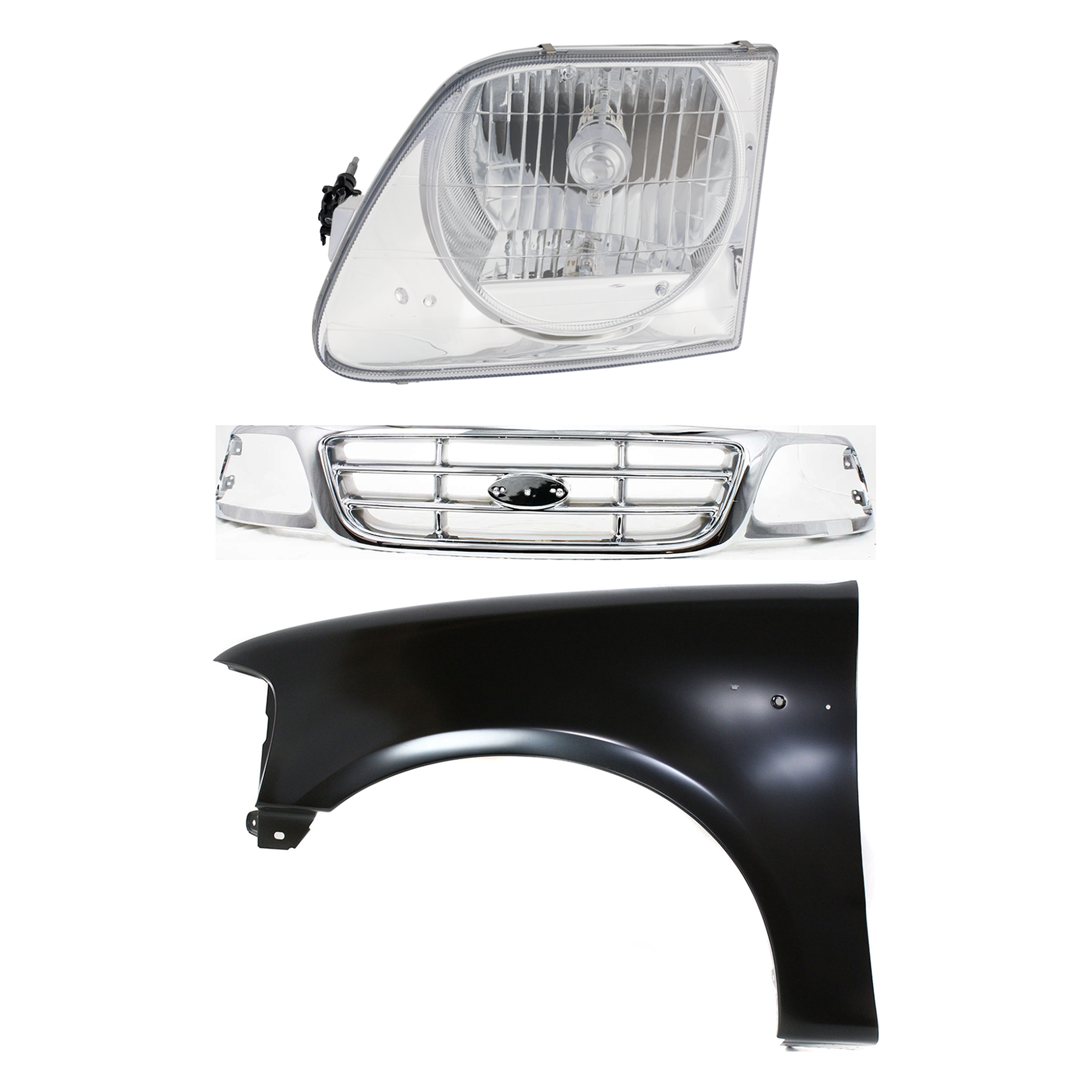 AM F 150-99-03 F 150 HERITAGE 04-04 F 250-99-99 GRILLE Chrome Shell and Insert 3 pc Kit with Fender and Headlight SKU KIT 022423-91802 Partslink FO1200537 FO1240191 FO2502182 OEM XL3Z8200-2L3Z16006BA 3L3Z13008