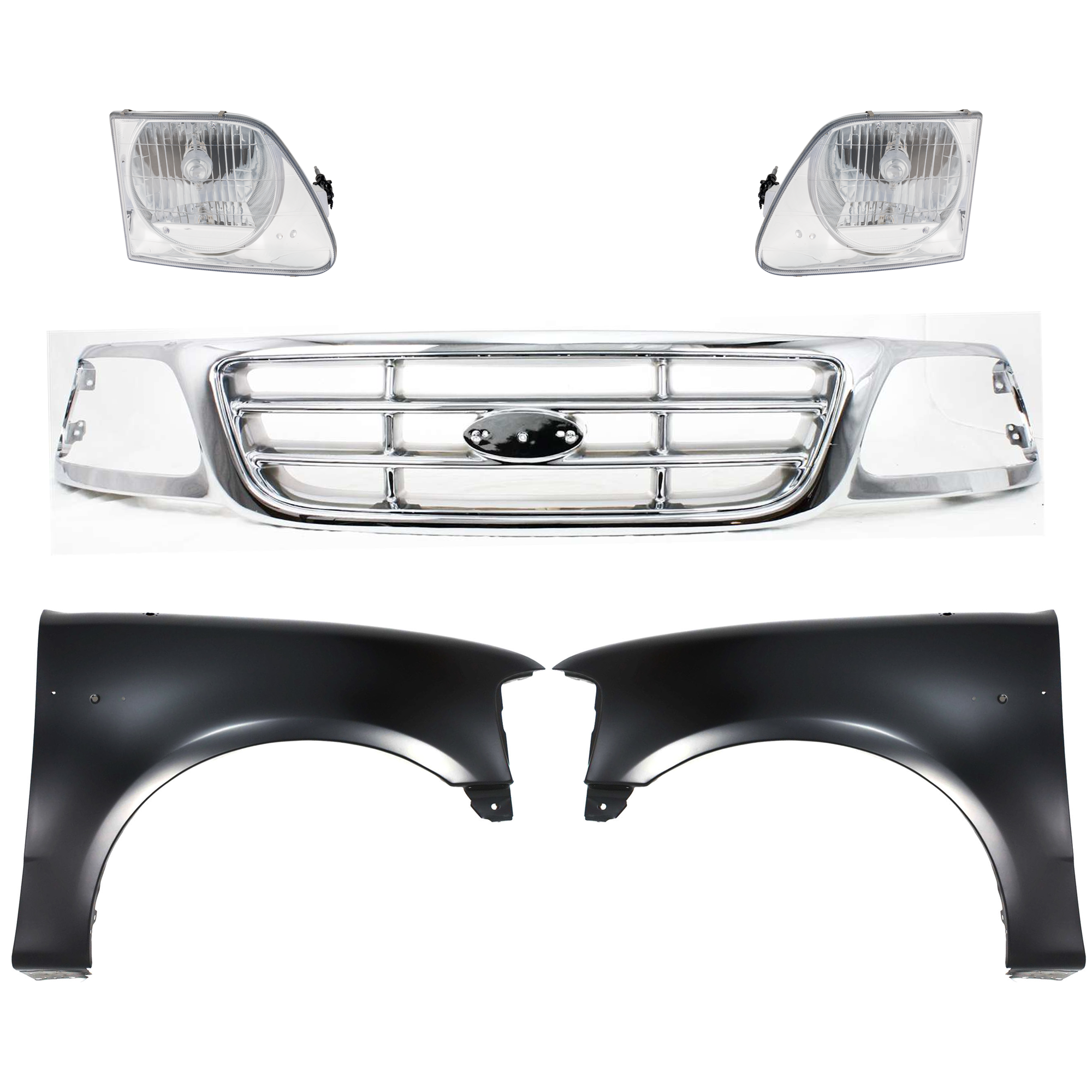 AM F 150-99-03 F 150 HERITAGE 04-04 F 250-99-99 GRILLE Chrome Shell and Insert 5 pc Kit with Fenders and Headlights SKU KIT 022423-918 Partslink FO1200537 FO1241191 FO1240191 FO2503182 FO2502182 OEM XL3Z8200-2L3Z16005BA 2L3Z16006