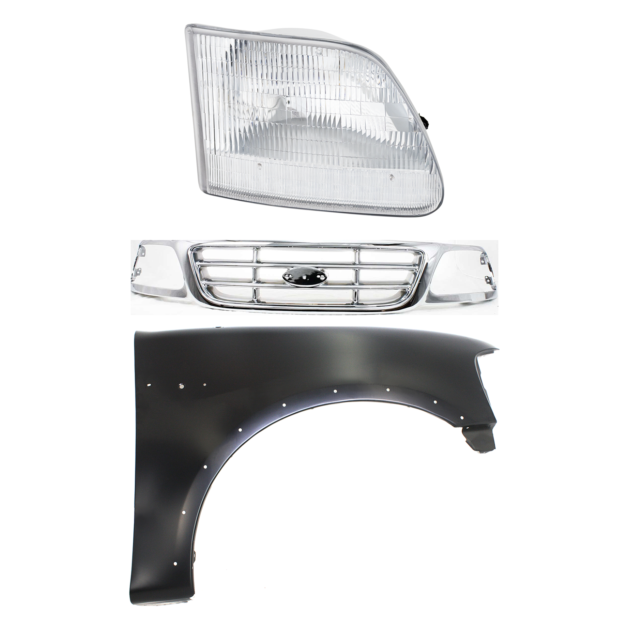 AM F 150-99-03 F 150 HERITAGE 04-04 F 250-99-99 GRILLE Chrome Shell and Insert 3 pc Kit with Fender and Headlight SKU KIT 022423-91901 Partslink FO1200537 FO1241192 FO2503139 OEM XL3Z8200-2L3Z16005AA 3L3Z13008
