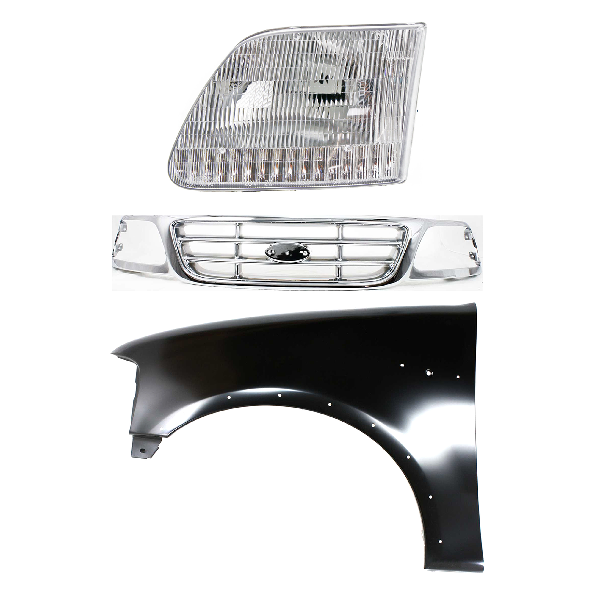 AM F 150-99-03 F 150 HERITAGE 04-04 F 250-99-99 GRILLE Chrome Shell and Insert 3 pc Kit with Fender and Headlight SKU KIT 022423-91902 Partslink FO1200537 FO1240192 FO2502139 OEM XL3Z8200-2L3Z16006AA 3L3Z13008