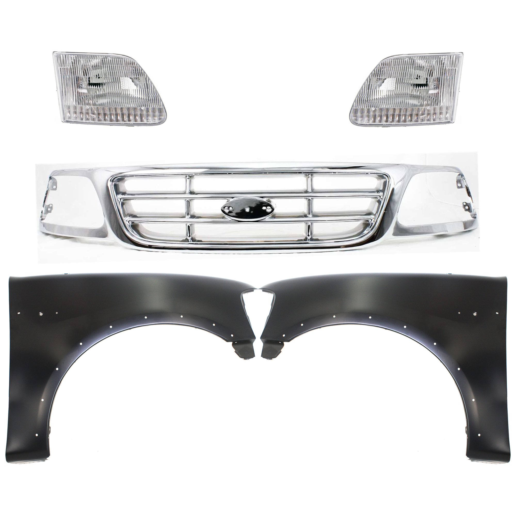 AM F 150-99-03 F 150 HERITAGE 04-04 F 250-99-99 GRILLE Chrome Shell and Insert 5 pc Kit with Fenders and Headlights SKU KIT 022423-919 Partslink FO1200537 FO1240192 FO1241192 FO2503139 FO2502139 OEM XL3Z8200-2L3Z16006AA 2L3Z16005