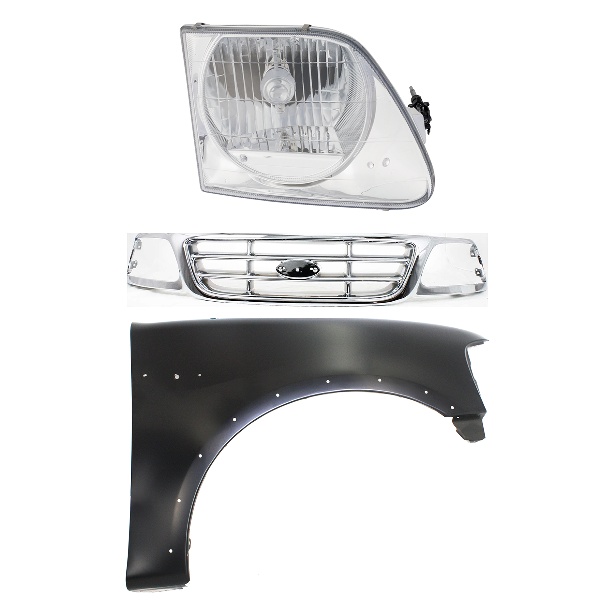 AM F 150-99-03 F 150 HERITAGE 04-04 F 250-99-99 GRILLE Chrome Shell and Insert 3 pc Kit with Fender and Headlight SKU KIT 022423-92001 Partslink FO1200537 FO1241192 FO2503182 OEM XL3Z8200-2L3Z16005AA 3L3Z13008