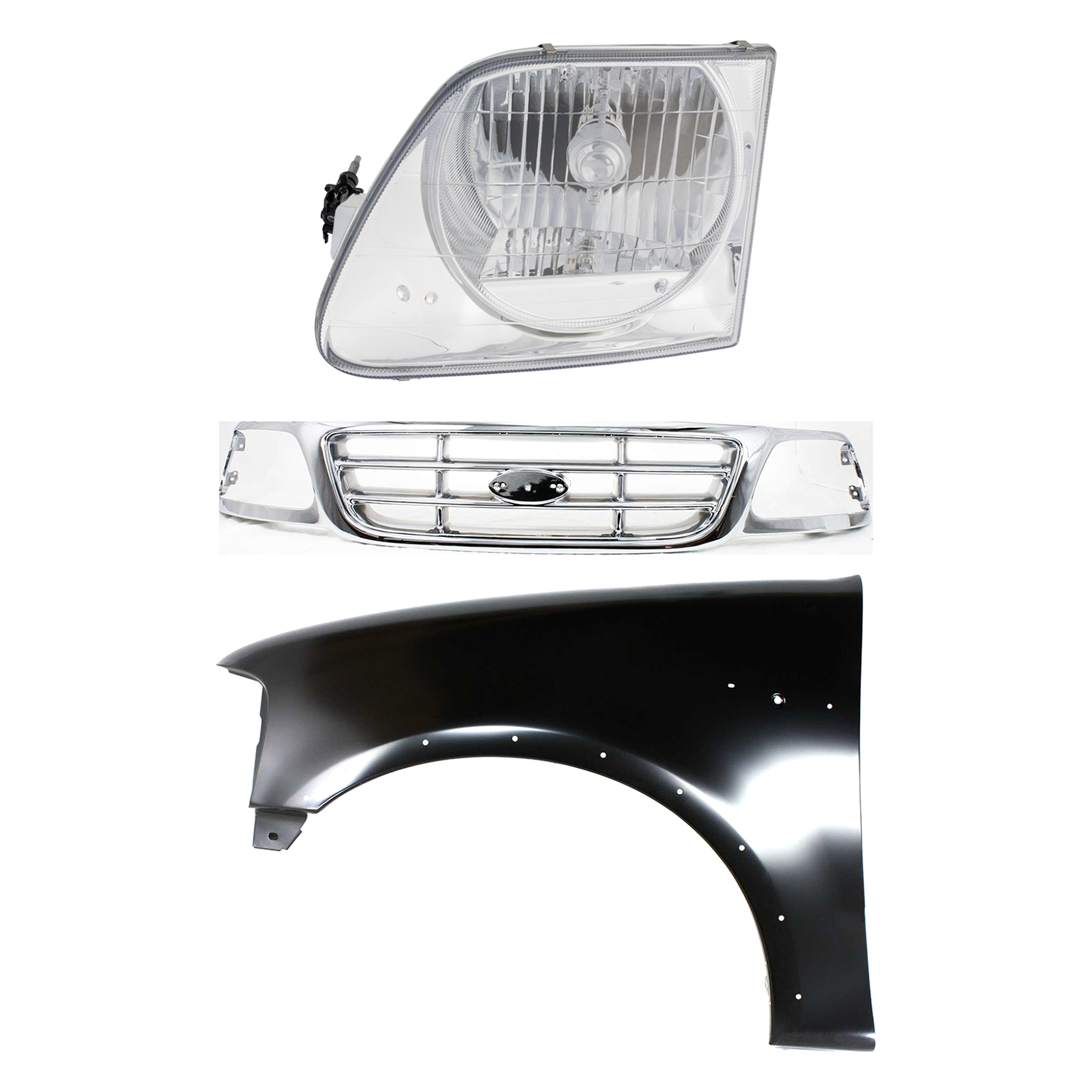 AM F 150-99-03 F 150 HERITAGE 04-04 F 250-99-99 GRILLE Chrome Shell and Insert 3 pc Kit with Fender and Headlight SKU KIT 022423-92002 Partslink FO1200537 FO1240192 FO2502182 OEM XL3Z8200-2L3Z16006AA 3L3Z13008