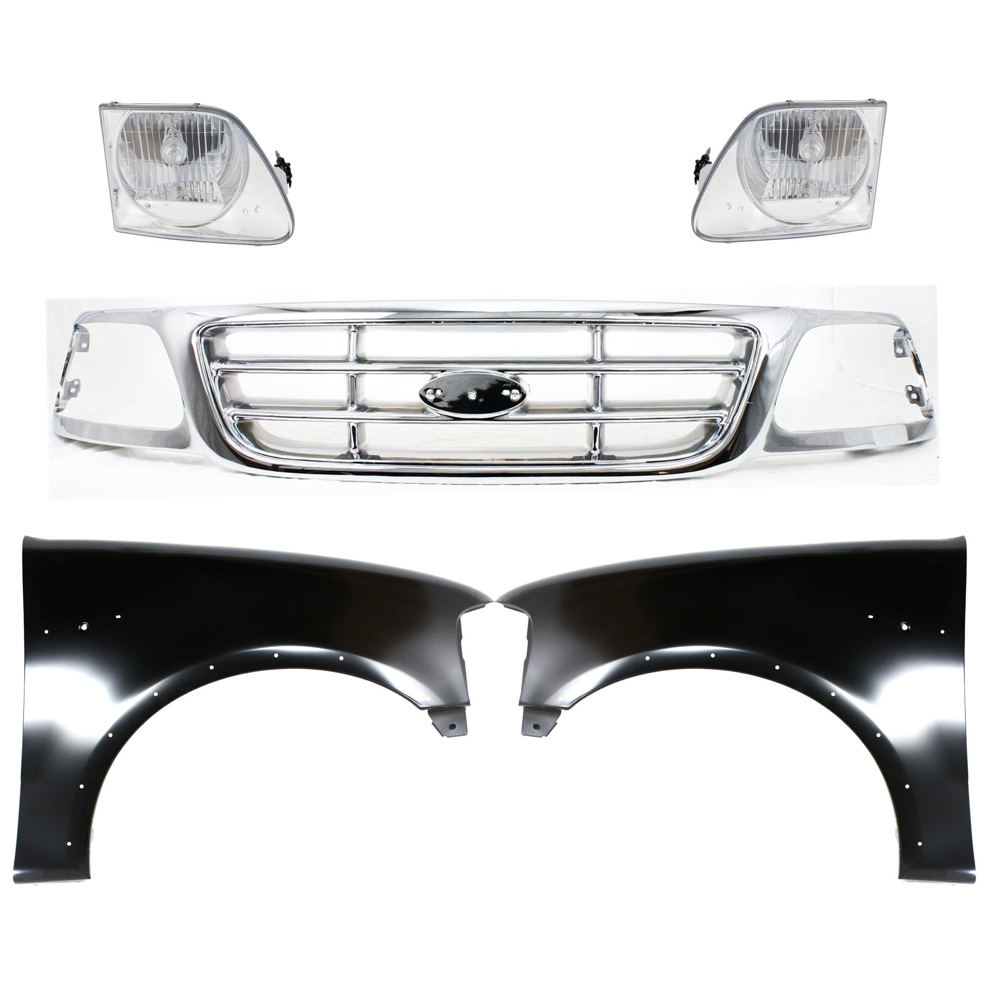 AM F 150-99-03 F 150 HERITAGE 04-04 F 250-99-99 GRILLE Chrome Shell and Insert 5 pc Kit with Fenders and Headlights SKU KIT 022423-920 Partslink FO1200537 FO1240192 FO1241192 FO2503182 FO2502182 OEM XL3Z8200-2L3Z16006AA 2L3Z16005