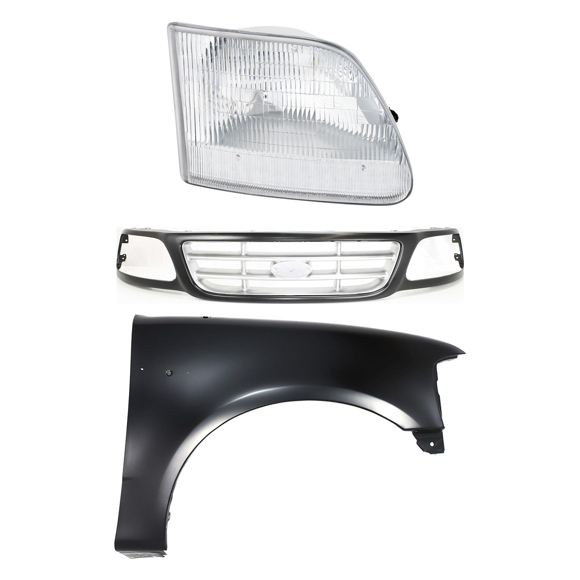 AM F 150-99-03 F 150 HERITAGE 04-04 F 250-99-99 GRILLE Paint to Match 3 pc Kit with Fender and Headlight SKU KIT 022423-92101 Partslink FO1200376 FO1241191 FO2503139 OEM 3L3Z8200DA 2L3Z16005BA 3L3Z130