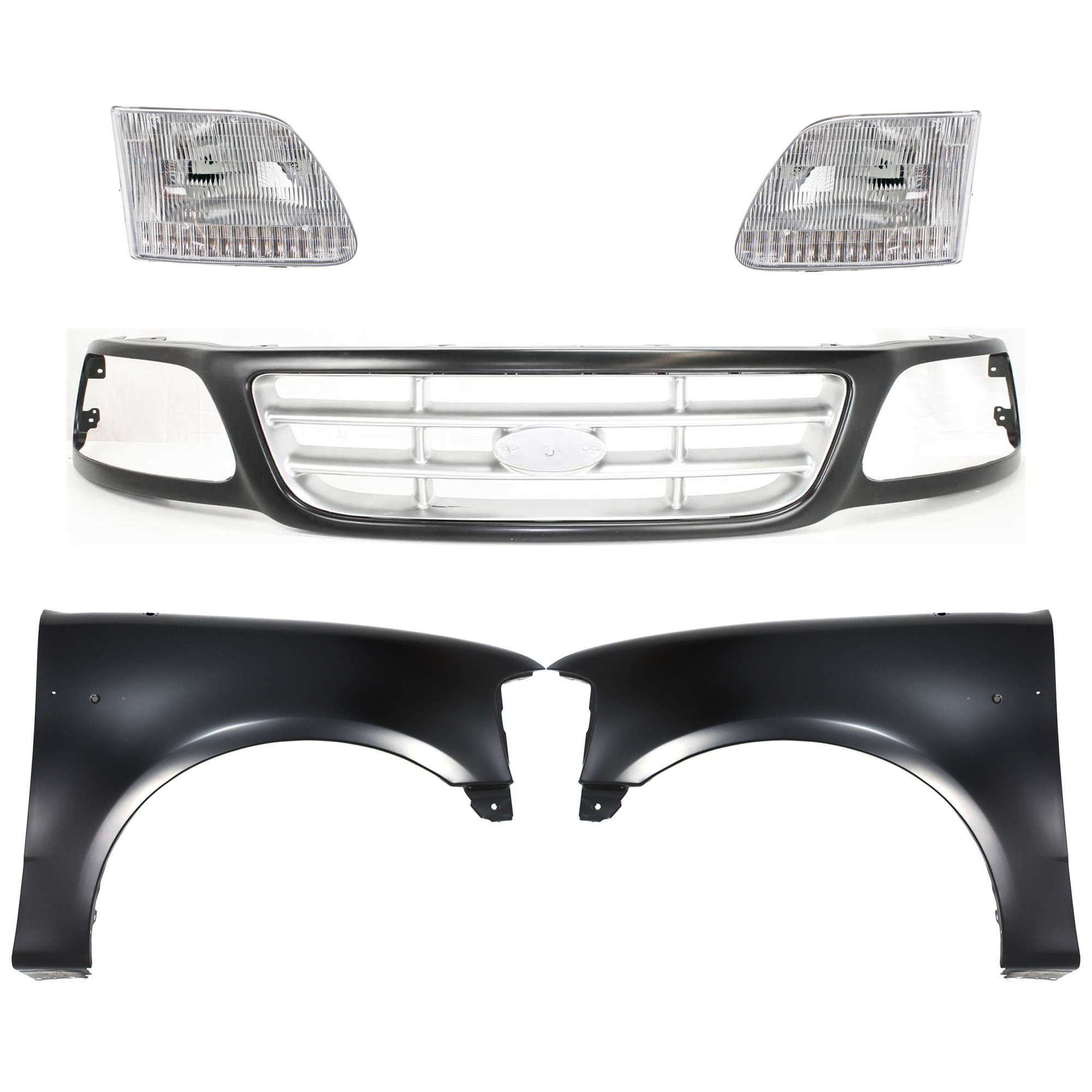 AM F 150-99-03 F 150 HERITAGE 04-04 F 250-99-99 GRILLE Paint to Match 5 pc Kit with Fenders and Headlights SKU KIT 022423-921 Partslink FO1200376 FO1241191 FO1240191 FO2503139 FO2502139 OEM 3L3Z8200DA 2L3Z16005BA 2L3Z160