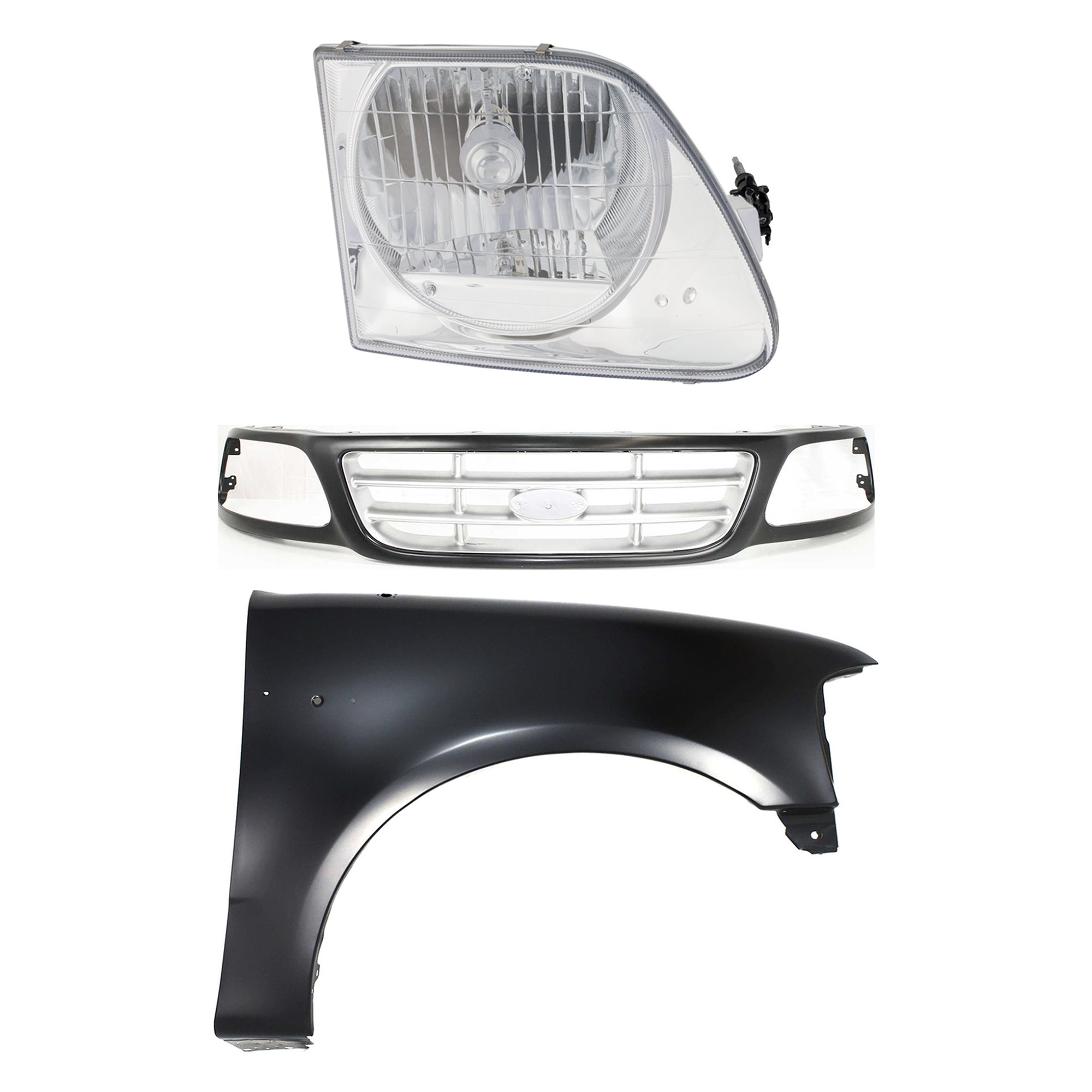 AM F 150-99-03 F 150 HERITAGE 04-04 F 250-99-99 GRILLE Paint to Match 3 pc Kit with Fender and Headlight SKU KIT 022423-92201 Partslink FO1200376 FO1241191 FO2503182 OEM 3L3Z8200DA 2L3Z16005BA 3L3Z130