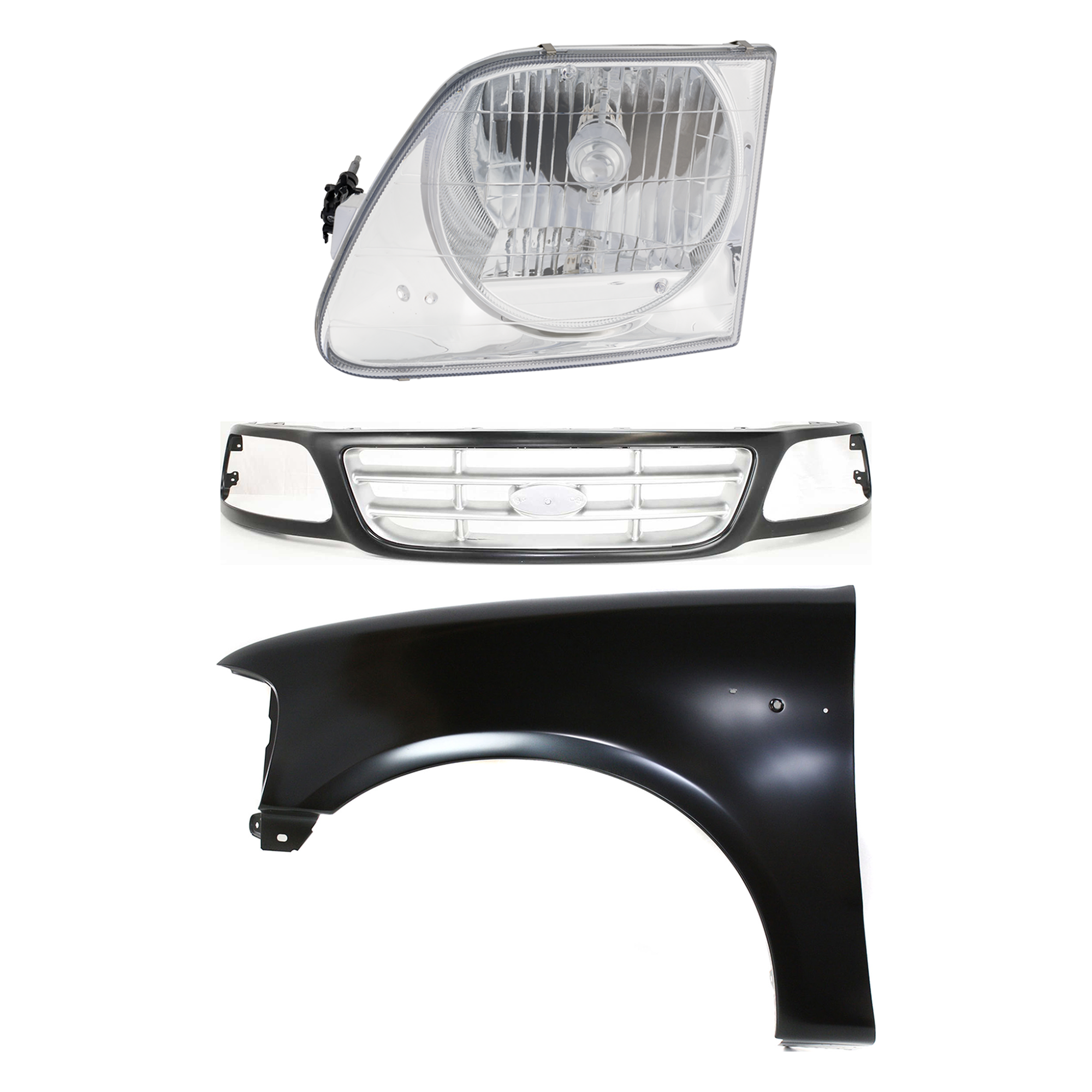 AM F 150-99-03 F 150 HERITAGE 04-04 F 250-99-99 GRILLE Paint to Match 3 pc Kit with Fender and Headlight SKU KIT 022423-92202 Partslink FO1200376 FO1240191 FO2502182 OEM 3L3Z8200DA 2L3Z16006BA 3L3Z130