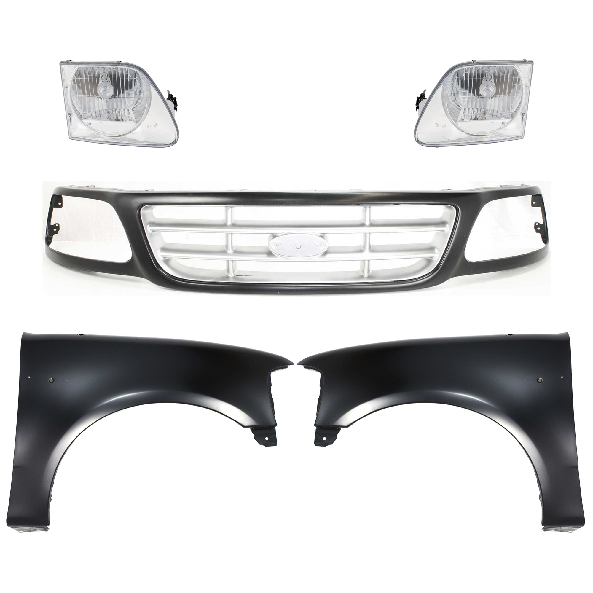 AM F 150-99-03 F 150 HERITAGE 04-04 F 250-99-99 GRILLE Paint to Match 5 pc Kit with Fenders and Headlights SKU KIT 022423-922 Partslink FO1200376 FO1241191 FO1240191 FO2503182 FO2502182 OEM 3L3Z8200DA 2L3Z16005BA 2L3Z160