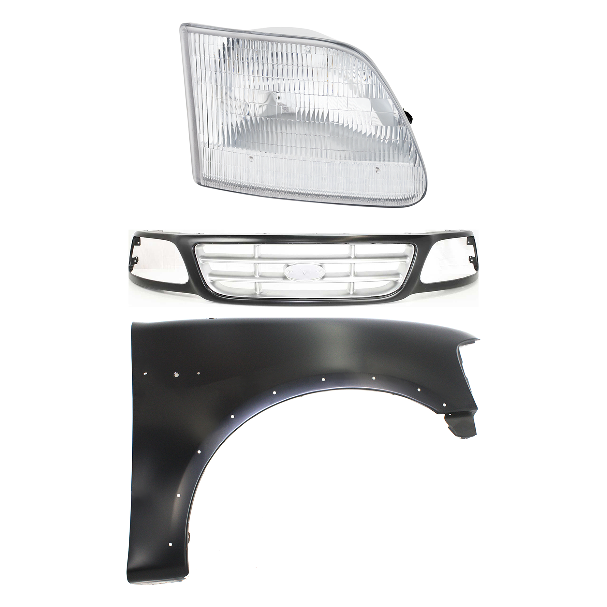 AM F 150-99-03 F 150 HERITAGE 04-04 F 250-99-99 GRILLE Paint to Match 3 pc Kit with Fender and Headlight SKU KIT 022423-92301 Partslink FO1200376 FO1241192 FO2503139 OEM 3L3Z8200DA 2L3Z16005AA 3L3Z130