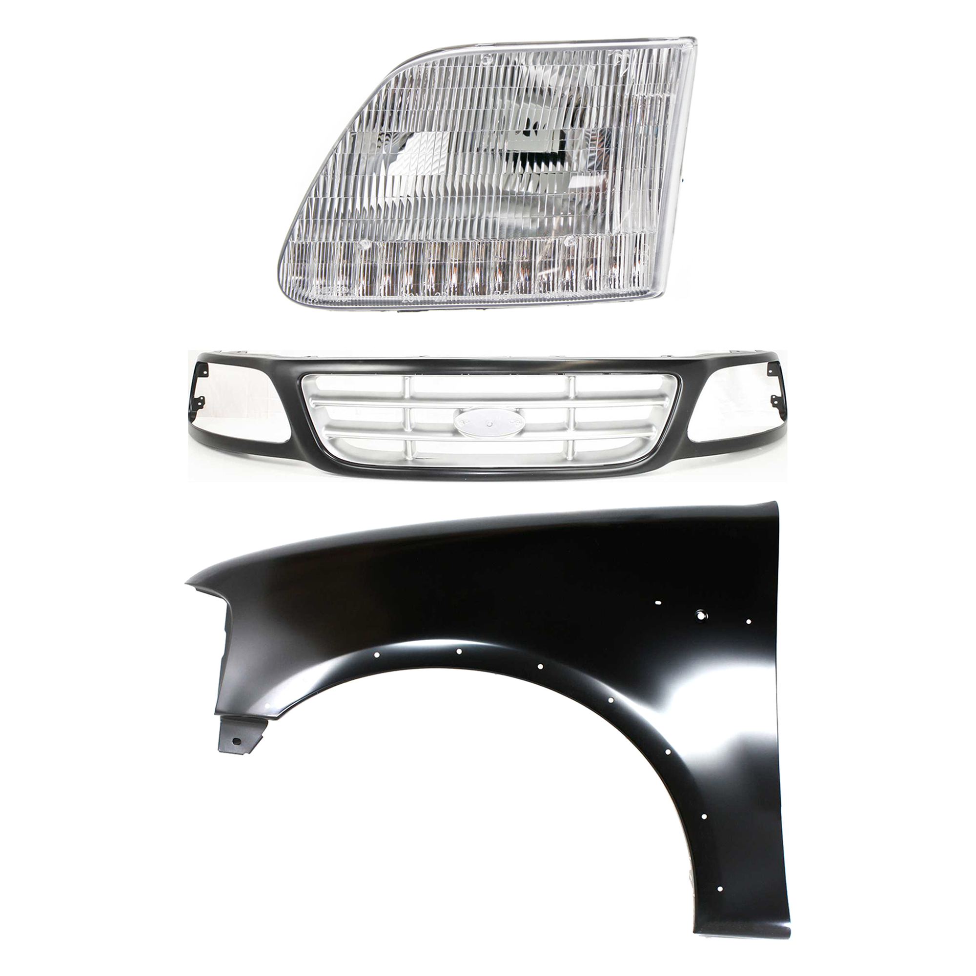 AM F 150-99-03 F 150 HERITAGE 04-04 F 250-99-99 GRILLE Paint to Match 3 pc Kit with Fender and Headlight SKU KIT 022423-92302 Partslink FO1200376 FO1240192 FO2502139 OEM 3L3Z8200DA 2L3Z16006AA 3L3Z130
