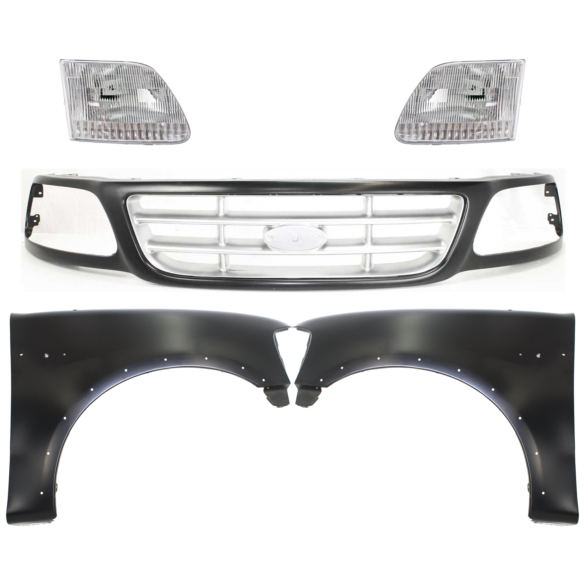 AM F 150-99-03 F 150 HERITAGE 04-04 F 250-99-99 GRILLE Paint to Match 5 pc Kit with Fenders and Headlights SKU KIT 022423-923 Partslink FO1200376 FO1240192 FO1241192 FO2503139 FO2502139 OEM 3L3Z8200DA 2L3Z16006AA 2L3Z160