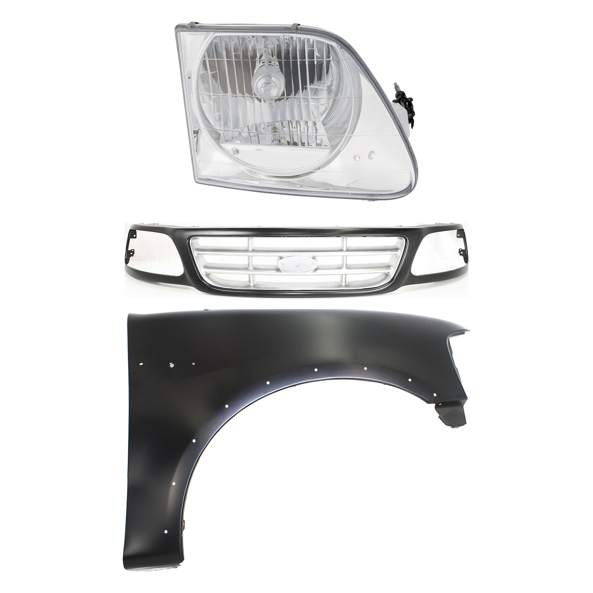 AM F 150-99-03 F 150 HERITAGE 04-04 F 250-99-99 GRILLE Paint to Match 3 pc Kit with Fender and Headlight SKU KIT 022423-92401 Partslink FO1200376 FO1241192 FO2503182 OEM 3L3Z8200DA 2L3Z16005AA 3L3Z130