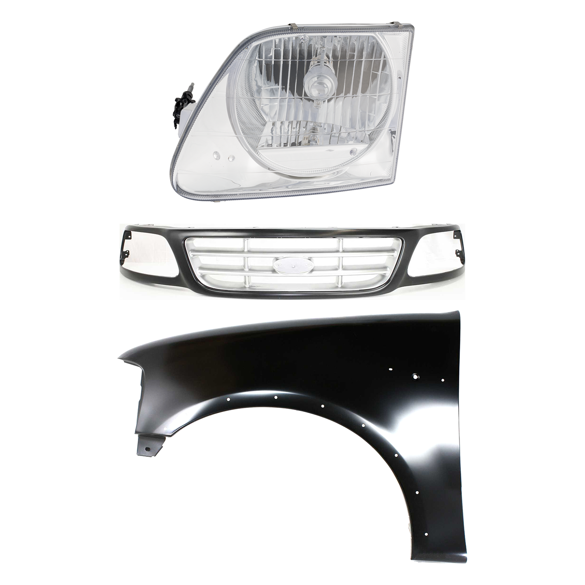 AM F 150-99-03 F 150 HERITAGE 04-04 F 250-99-99 GRILLE Paint to Match 3 pc Kit with Fender and Headlight SKU KIT 022423-92402 Partslink FO1200376 FO1240192 FO2502182 OEM 3L3Z8200DA 2L3Z16006AA 3L3Z130