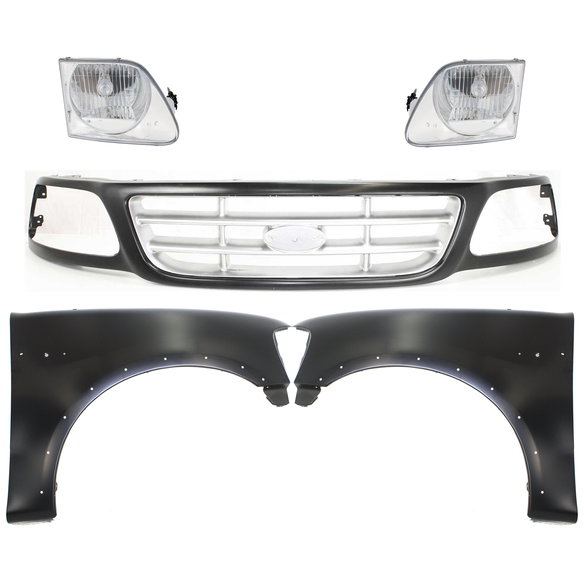 AM F 150-99-03 F 150 HERITAGE 04-04 F 250-99-99 GRILLE Paint to Match 5 pc Kit with Fenders and Headlights SKU KIT 022423-924 Partslink FO1200376 FO1240192 FO1241192 FO2503182 FO2502182 OEM 3L3Z8200DA 2L3Z16006AA 2L3Z160