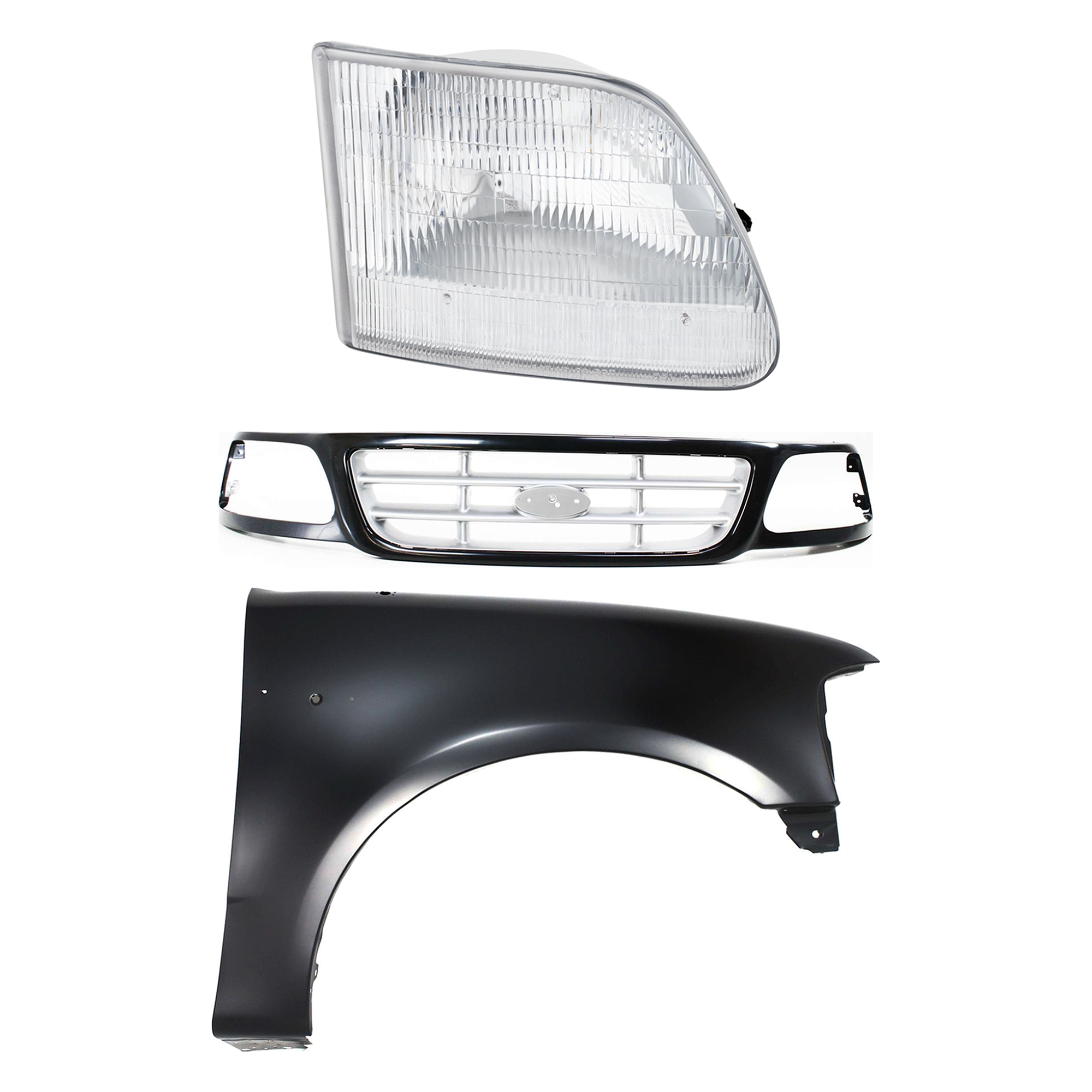 AM F 150-99-03 F 150 HERITAGE 04-04 F 250-99-99 FRONT FENDER RH Primed 3 pc Kit with Grille and Headlight SKU KIT 022423-92501 Partslink FO1241191 FO1200370 FO2503139 OEM 2L3Z16005BA YL3Z8200CAA 3L3Z13