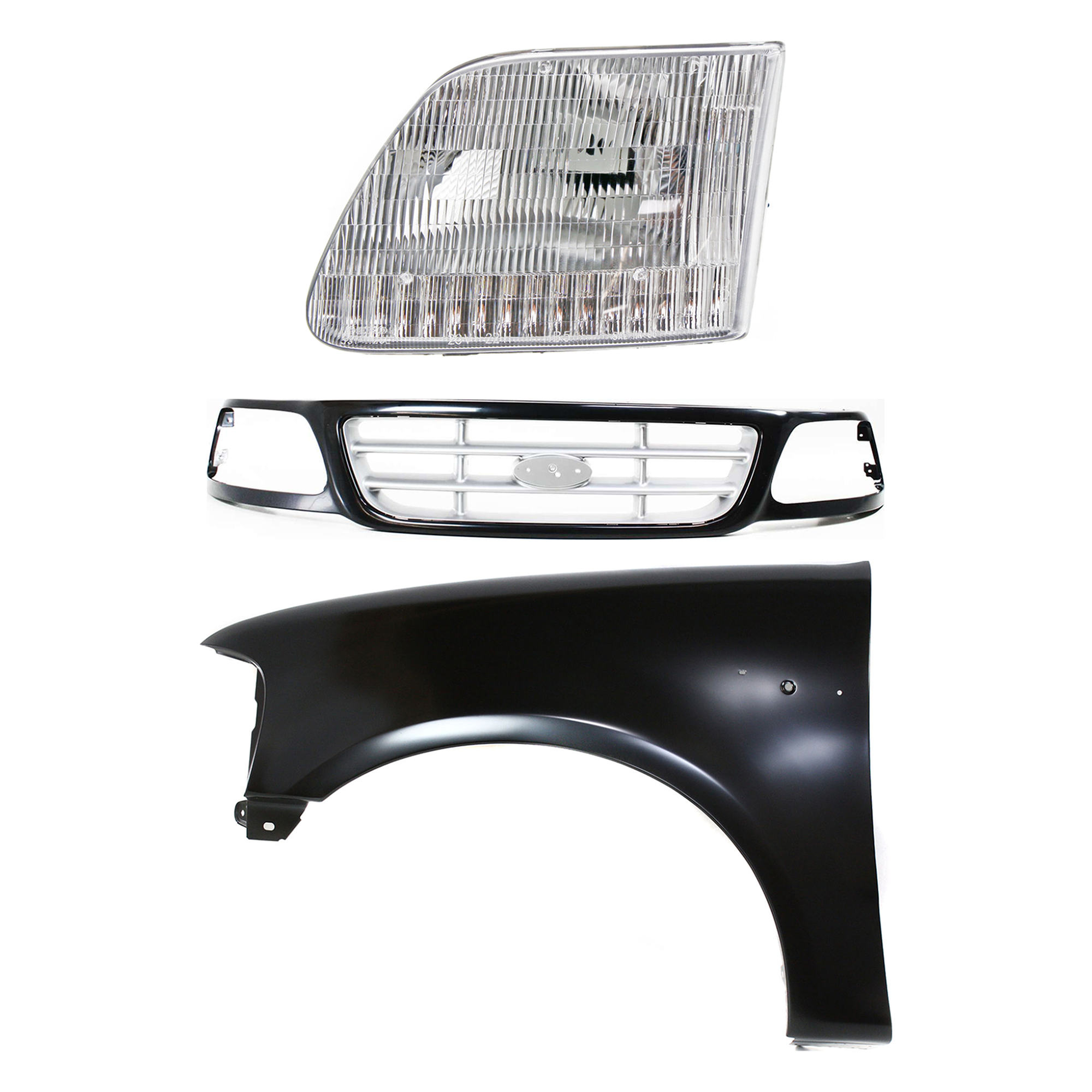 AM F 150-99-03 F 150 HERITAGE 04-04 F 250-99-99 FRONT FENDER LH Primed 3 pc Kit with Grille and Headlight SKU KIT 022423-92502 Partslink FO1240191 FO1200370 FO2502139 OEM 2L3Z16006BA YL3Z8200CAA 3L3Z13