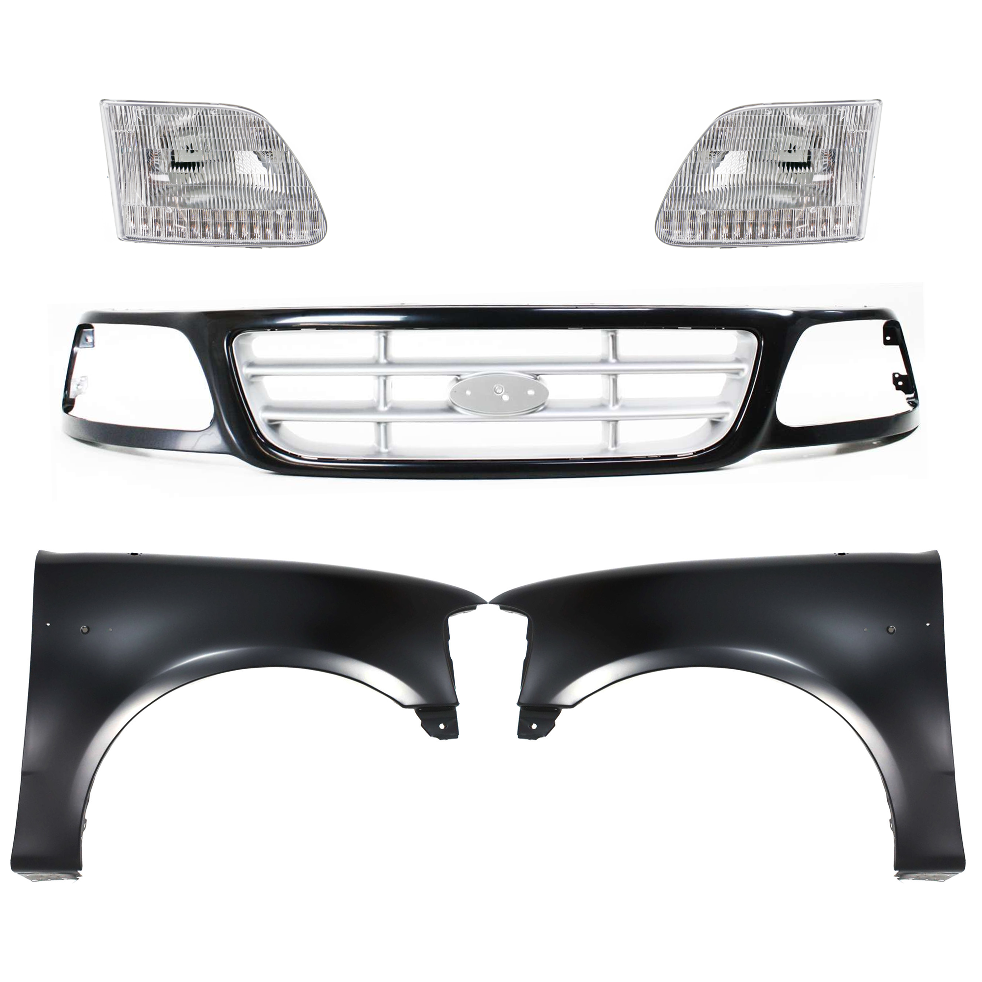 AM F 150-99-03 F 150 HERITAGE 04-04 F 250-99-99 FRONT FENDER RH AND LH Primed 5 pc Kit with Grille and Headlights SKU KIT 022423-925