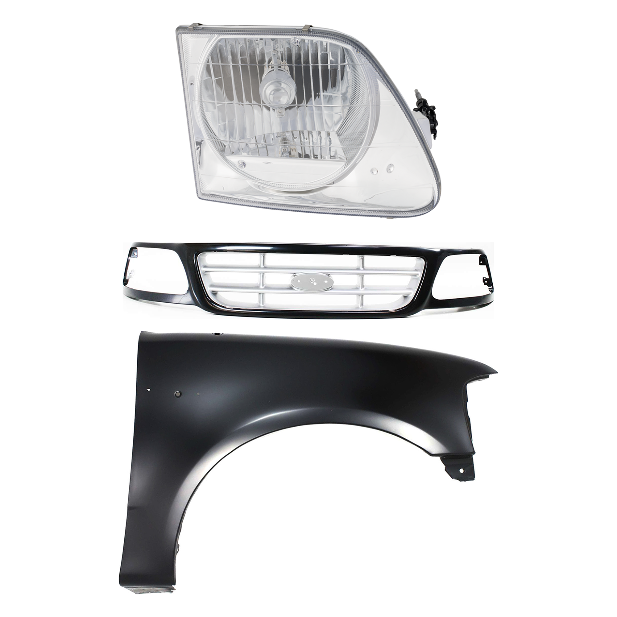 AM F 150-99-03 F 150 HERITAGE 04-04 F 250-99-99 FRONT FENDER RH Primed 3 pc Kit with Grille and Headlight SKU KIT 022423-92601 Partslink FO1241191 FO1200370 FO2503182 OEM 2L3Z16005BA YL3Z8200CAA 3L3Z13
