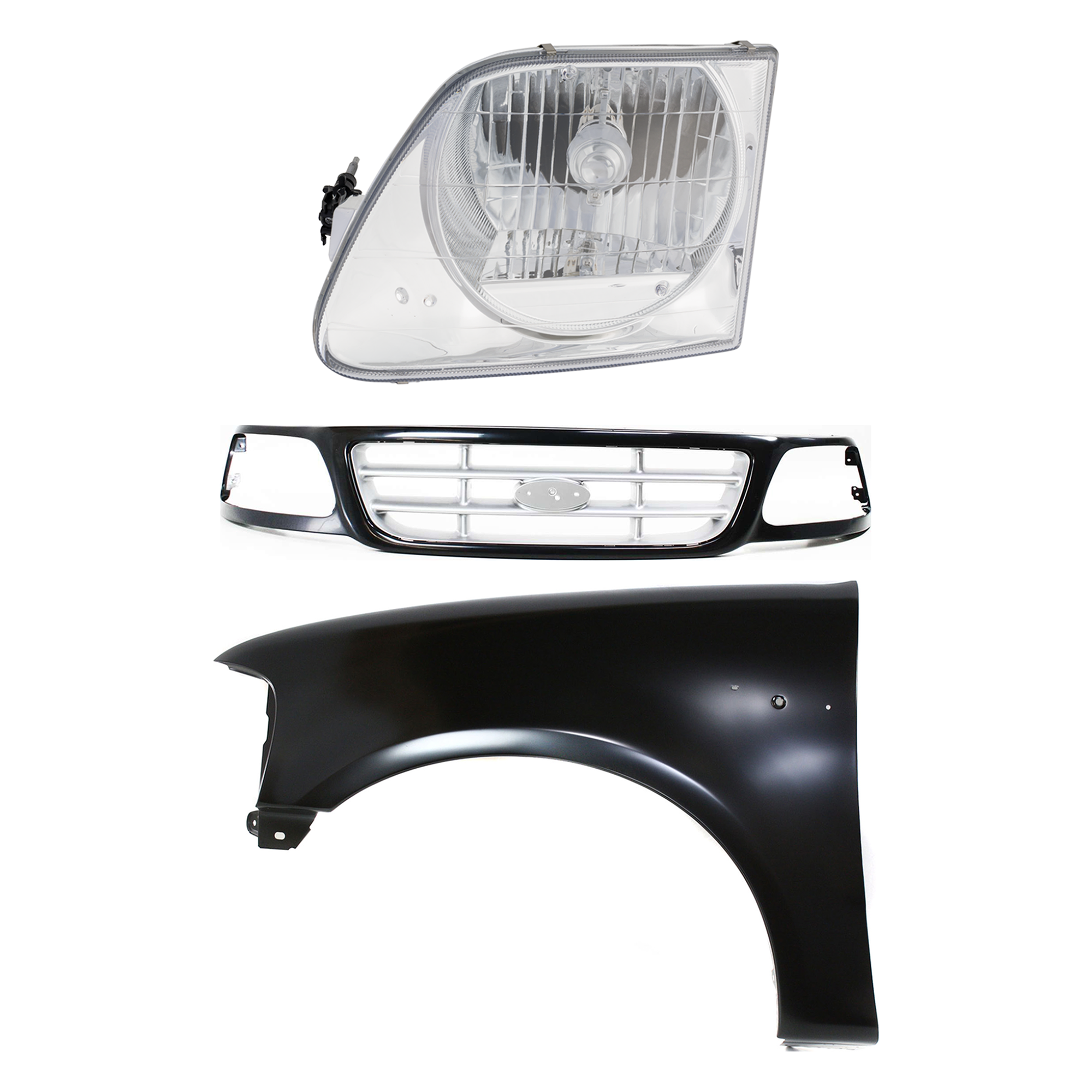 AM F 150-99-03 F 150 HERITAGE 04-04 F 250-99-99 FRONT FENDER LH Primed 3 pc Kit with Grille and Headlight SKU KIT 022423-92602 Partslink FO1240191 FO1200370 FO2502182 OEM 2L3Z16006BA YL3Z8200CAA 3L3Z13