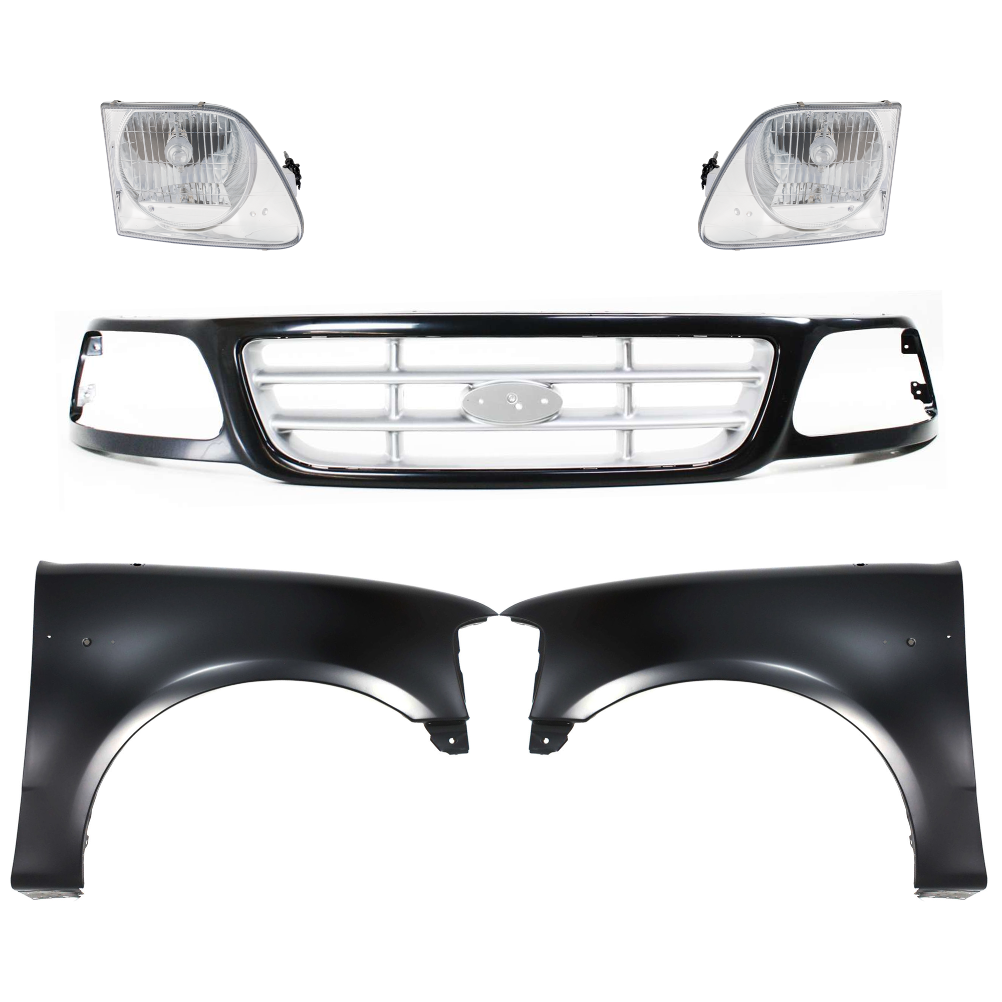 AM F 150-99-03 F 150 HERITAGE 04-04 F 250-99-99 FRONT FENDER RH AND LH Primed 5 pc Kit with Grille and Headlights SKU KIT 022423-926