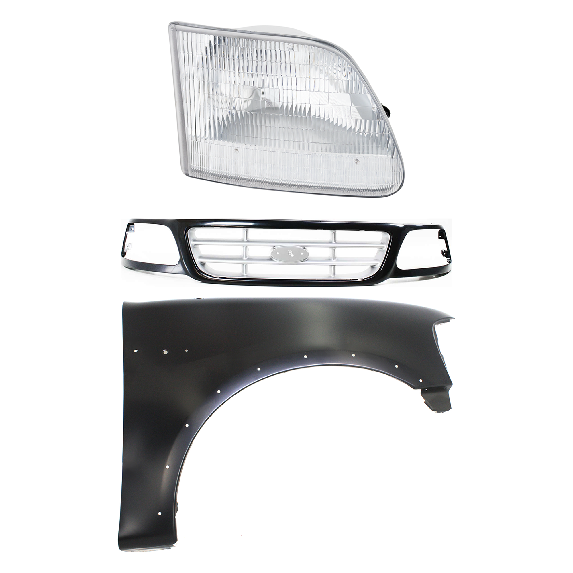 AM F 150-99-03 F 150 HERITAGE 04-04 F 250-99-99 FRONT FENDER RH Primed 3 pc Kit with Grille and Headlight SKU KIT 022423-92701 Partslink FO1241192 FO1200370 FO2503139 OEM 2L3Z16005AA YL3Z8200CAA 3L3Z13