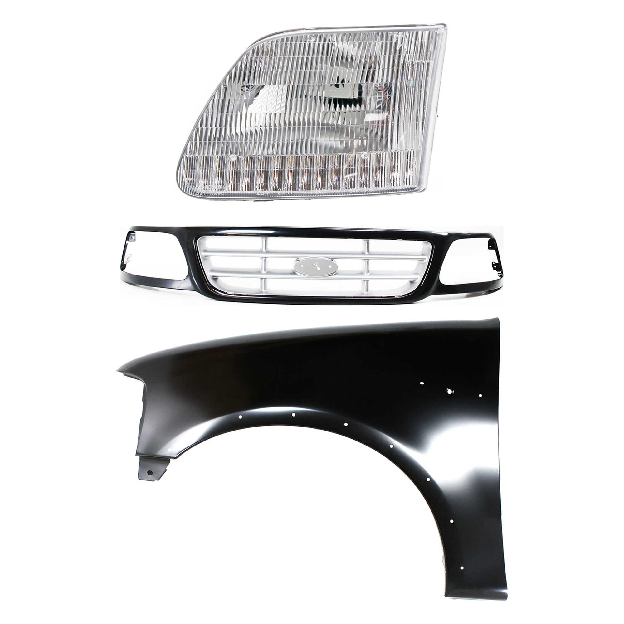 AM F 150-99-03 F 150 HERITAGE 04-04 F 250-99-99 FRONT FENDER LH Primed 3 pc Kit with Grille and Headlight SKU KIT 022423-92702 Partslink FO1240192 FO1200370 FO2502139 OEM 2L3Z16006AA YL3Z8200CAA 3L3Z13