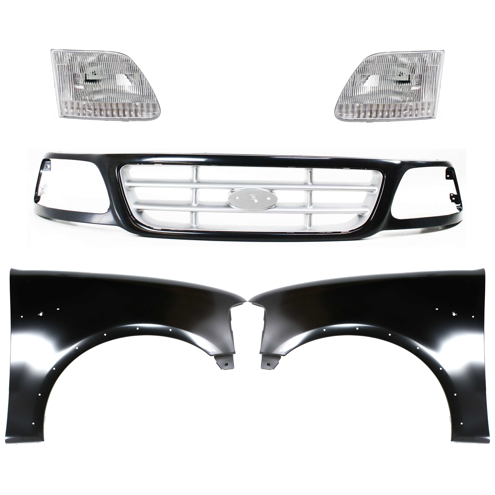 AM F 150-99-03 F 150 HERITAGE 04-04 F 250-99-99 FRONT FENDER RH AND LH Primed 5 pc Kit with Grille and Headlights SKU KIT 022423-927 Partslink FO1240192 FO1241192 FO1200370 FO2503139 FO2502139 OEM 2L3Z16005AA 2L3Z16006AA YL3Z82