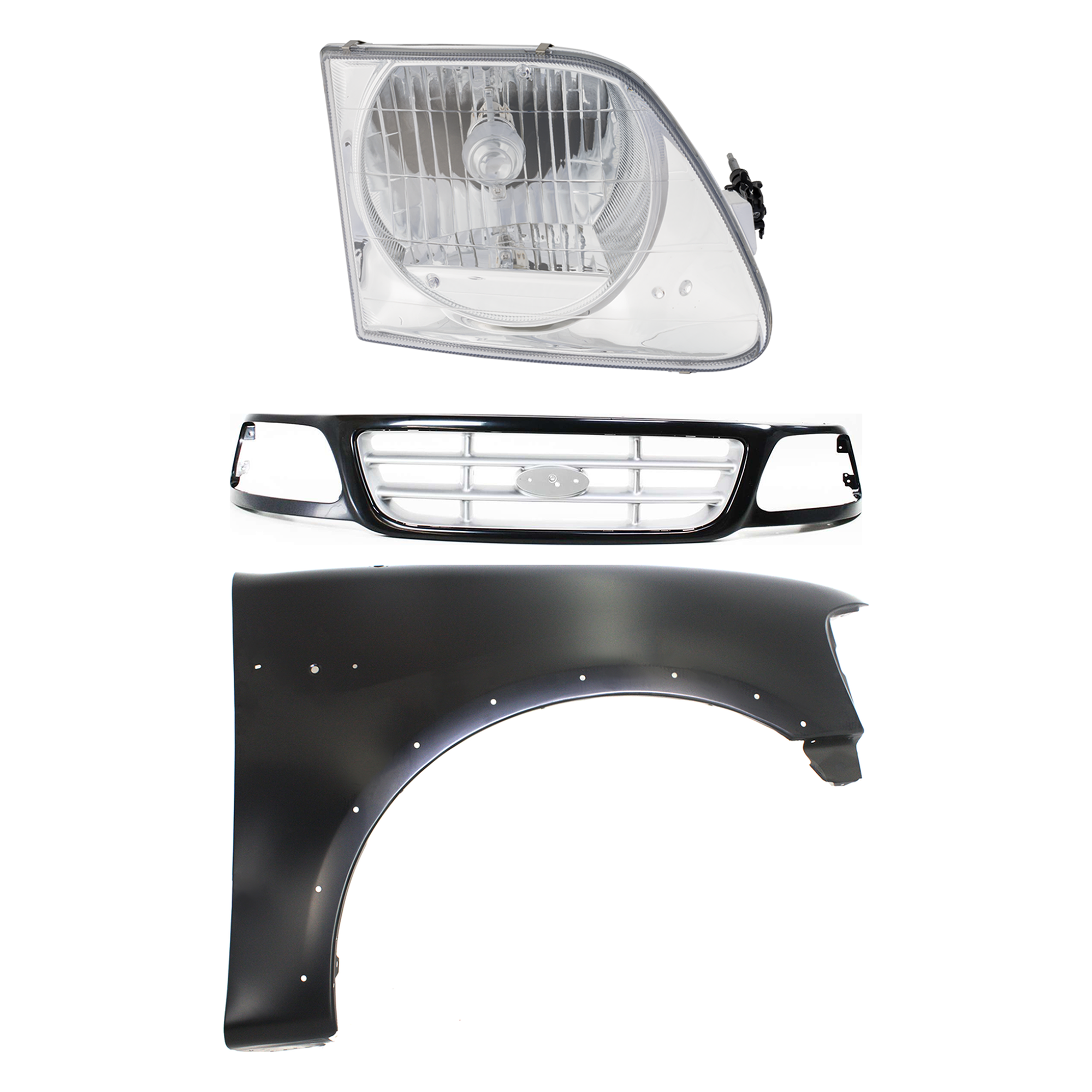 AM F 150-99-03 F 150 HERITAGE 04-04 F 250-99-99 FRONT FENDER RH Primed 3 pc Kit with Grille and Headlight SKU KIT 022423-92801 Partslink FO1241192 FO1200370 FO2503182 OEM 2L3Z16005AA YL3Z8200CAA 3L3Z13