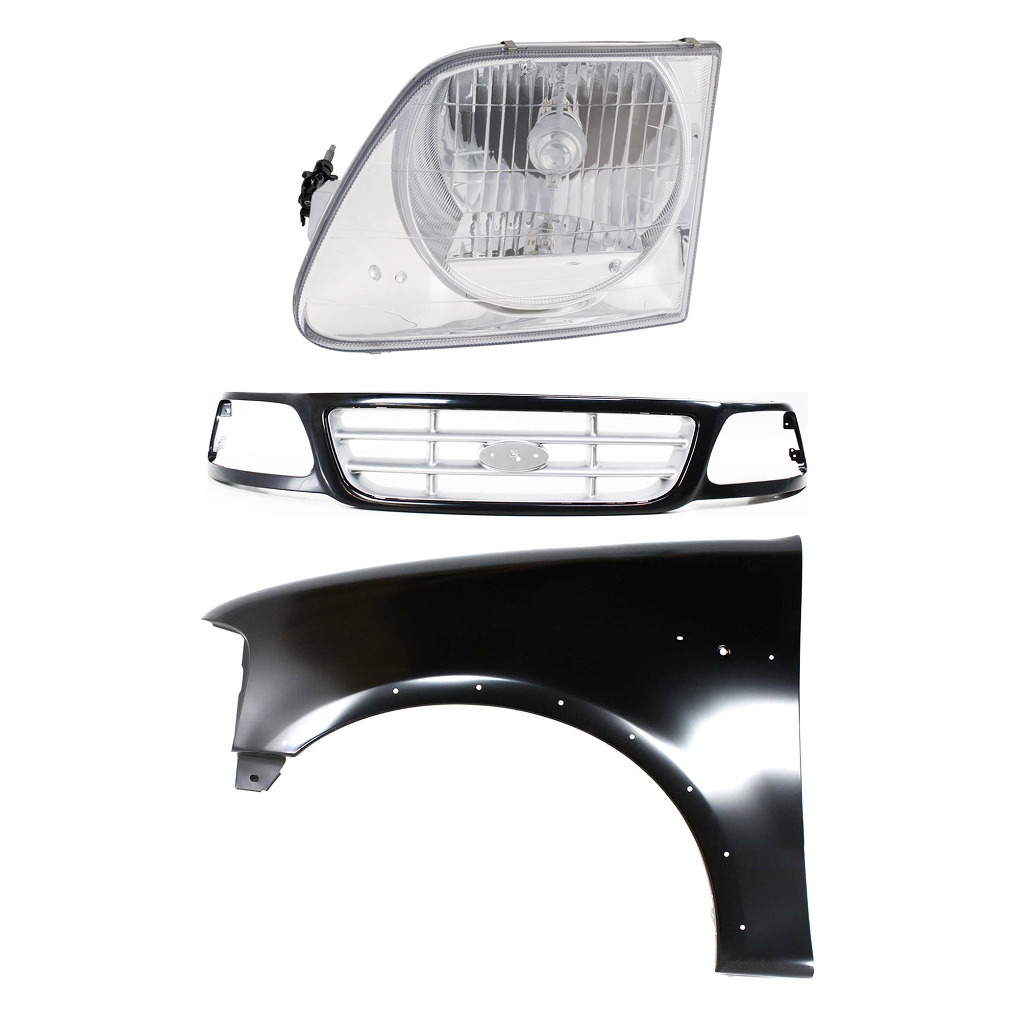 AM F 150-99-03 F 150 HERITAGE 04-04 F 250-99-99 FRONT FENDER LH Primed 3 pc Kit with Grille and Headlight SKU KIT 022423-92802 Partslink FO1240192 FO1200370 FO2502182 OEM 2L3Z16006AA YL3Z8200CAA 3L3Z13