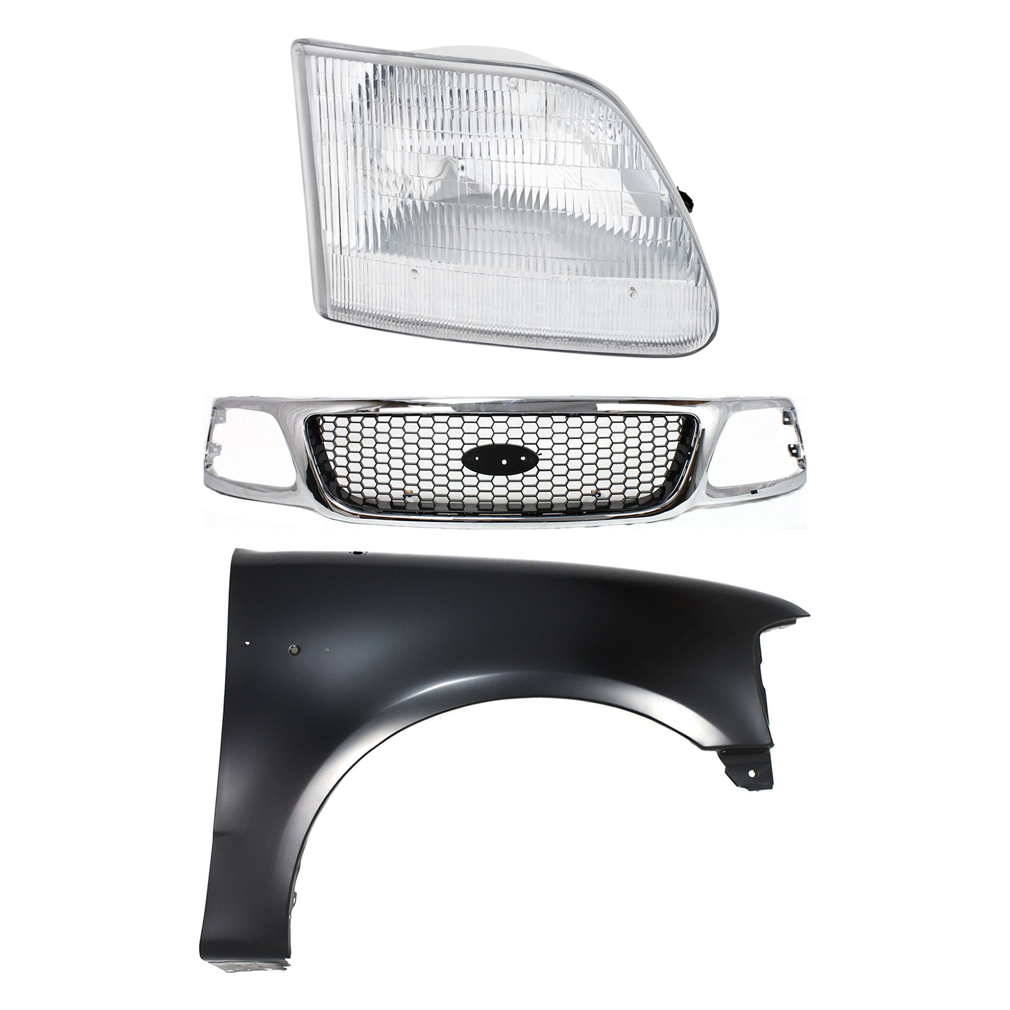 AM F 150-99-03 F 250-99-99 GRILLE 3 pc Kit with Fender and Headlight SKU KIT 022423-92901 Partslink FO1200404 FO1241191 FO2503139 OEM 3L3Z8200BB 2L3Z16005BA 3L3Z130