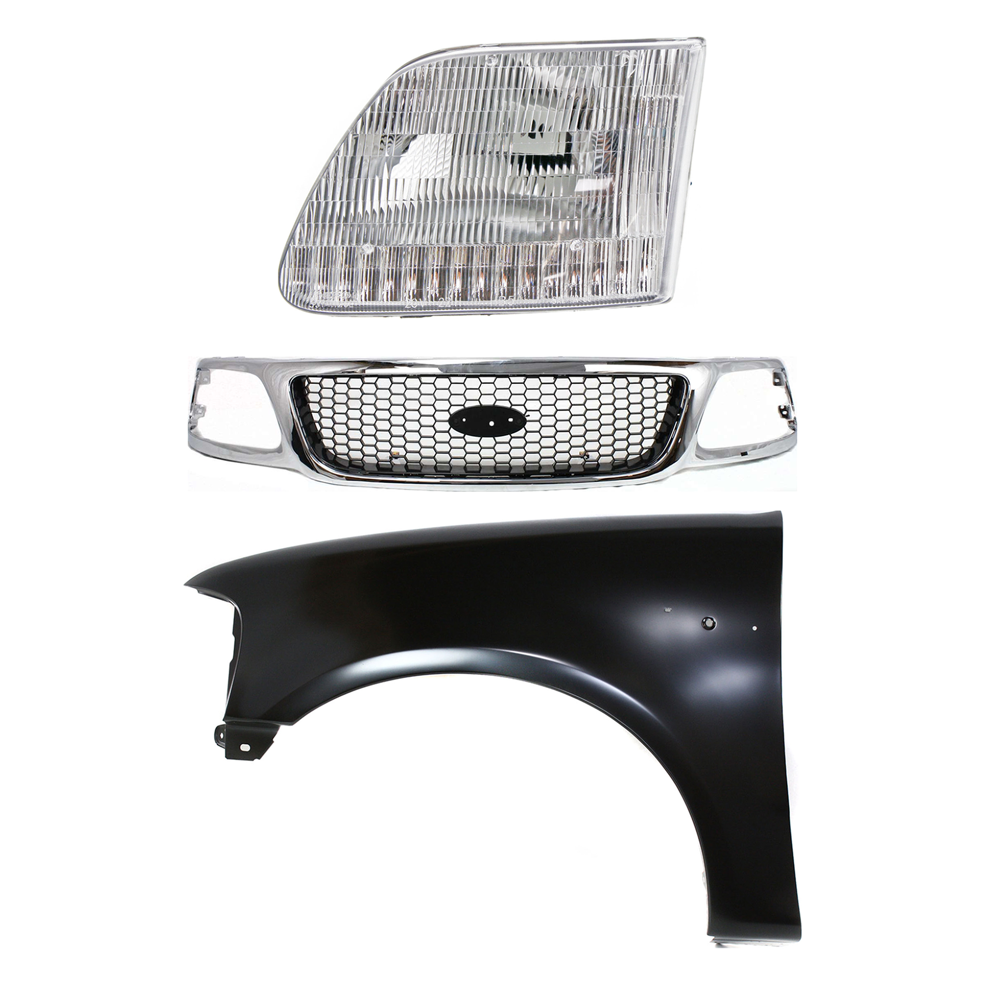 AM F 150-99-03 F 250-99-99 GRILLE 3 pc Kit with Fender and Headlight SKU KIT 022423-92902 Partslink FO1200404 FO1240191 FO2502139 OEM 3L3Z8200BB 2L3Z16006BA 3L3Z130