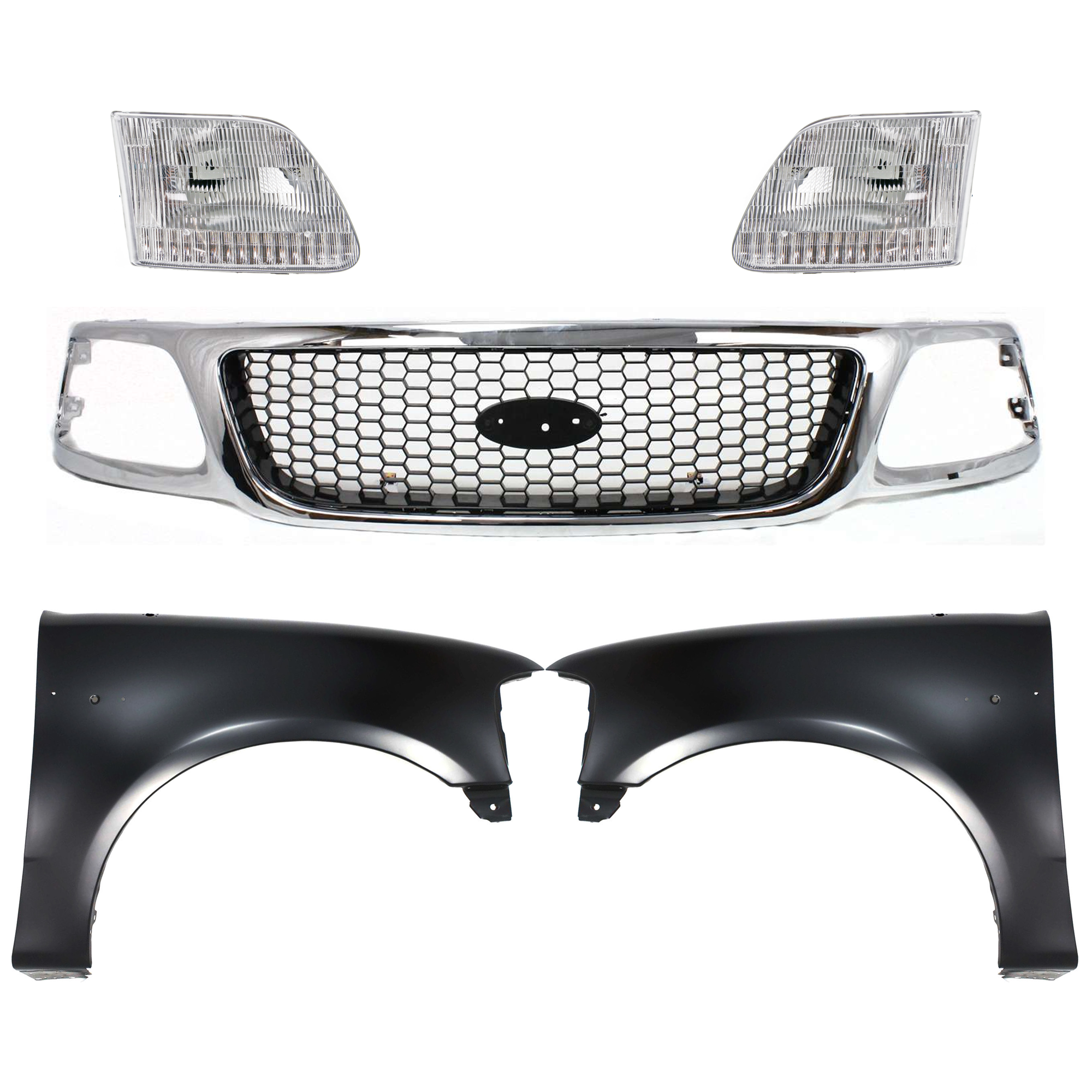 AM F 150-99-03 F 250-99-99 GRILLE Chrome Shell with Black Insert 5 pc Kit with Fenders and Headlights SKU KIT 022423-929 Partslink FO1200404 FO1241191 FO1240191 FO2503139 FO2502139 OEM 3L3Z8200BB 2L3Z16005BA 2L3Z160