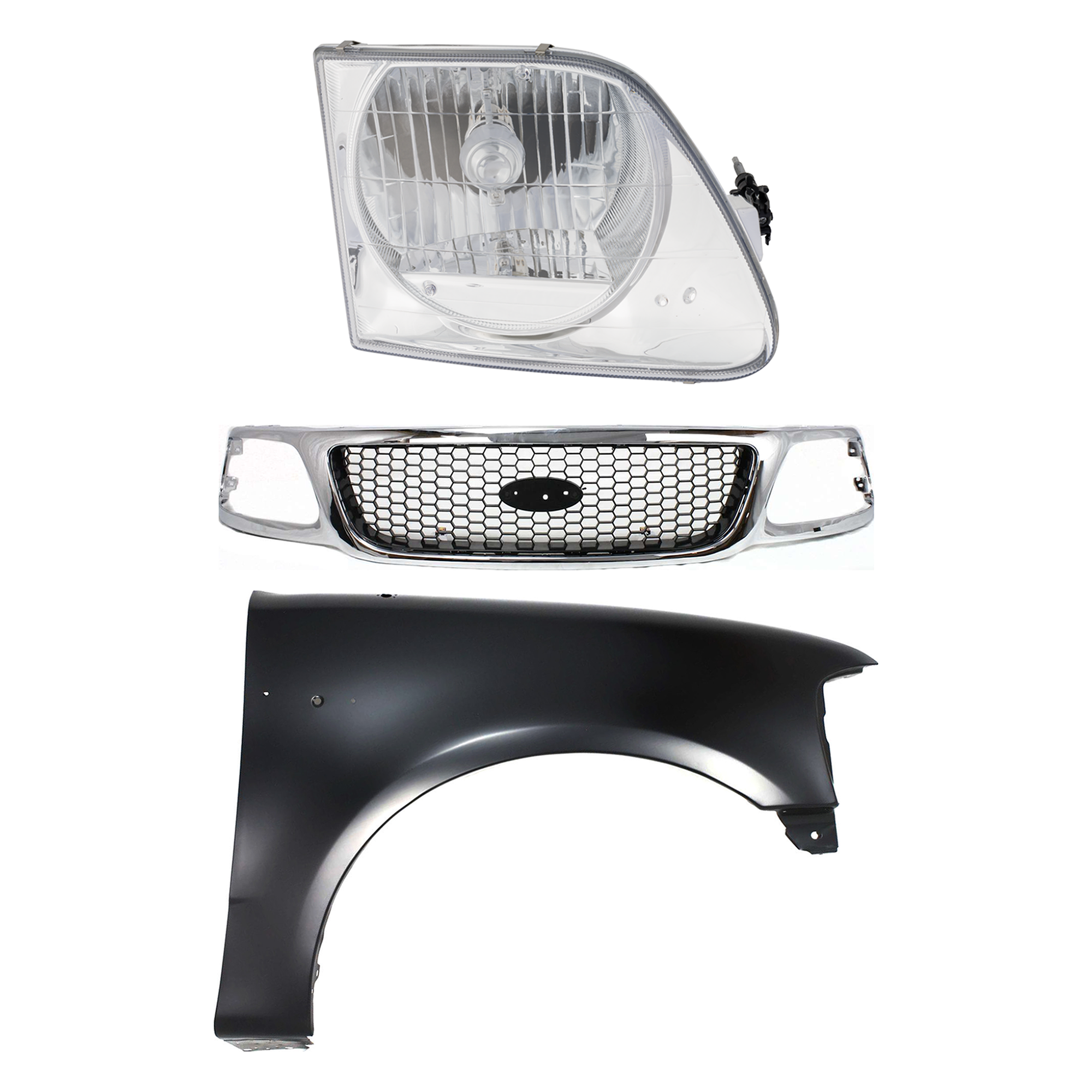 AM F 150-99-03 F 250-99-99 GRILLE Chrome Shell with Black Insert 3 pc Kit with Fender and Headlight SKU KIT 022423-93001 Partslink FO1200404 FO1241191 FO2503182 OEM 3L3Z8200BB 2L3Z16005BA 3L3Z130