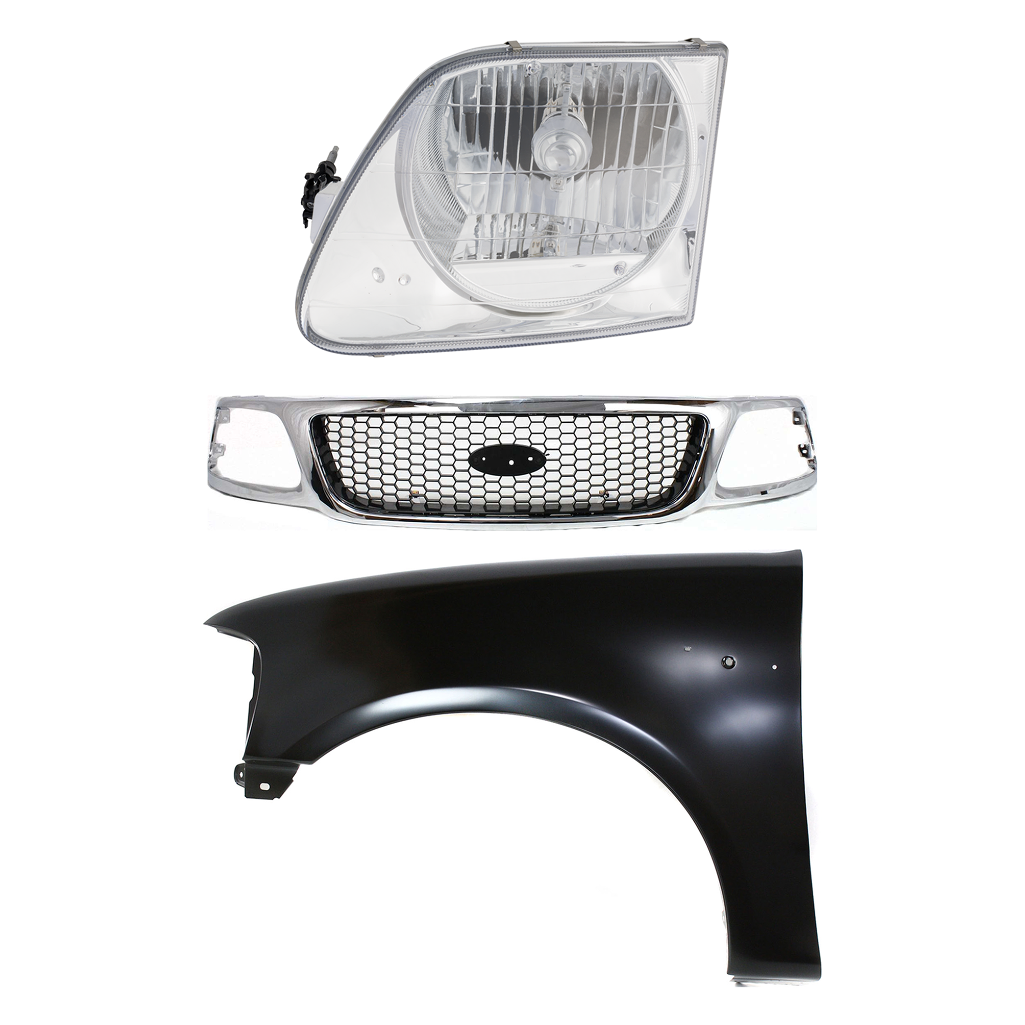AM F 150-99-03 F 250-99-99 GRILLE Chrome Shell with Black Insert 3 pc Kit with Fender and Headlight SKU KIT 022423-93002 Partslink FO1200404 FO1240191 FO2502182 OEM 3L3Z8200BB 2L3Z16006BA 3L3Z130