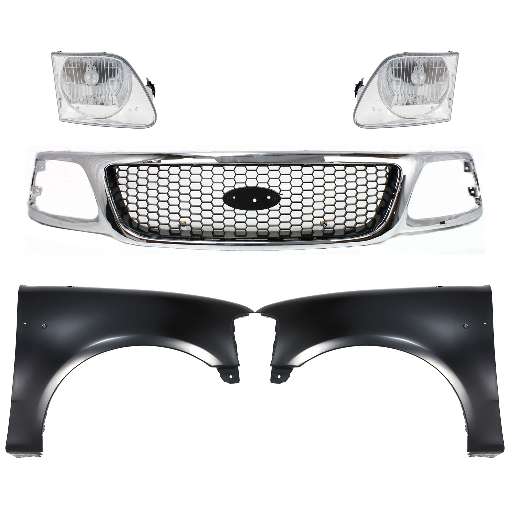 AM F 150-99-03 F 250-99-99 GRILLE Chrome Shell with Black Insert 5 pc Kit with Fenders and Headlights SKU KIT 022423-930 Partslink FO1200404 FO1241191 FO1240191 FO2503182 FO2502182 OEM 3L3Z8200BB 2L3Z16005BA 2L3Z160