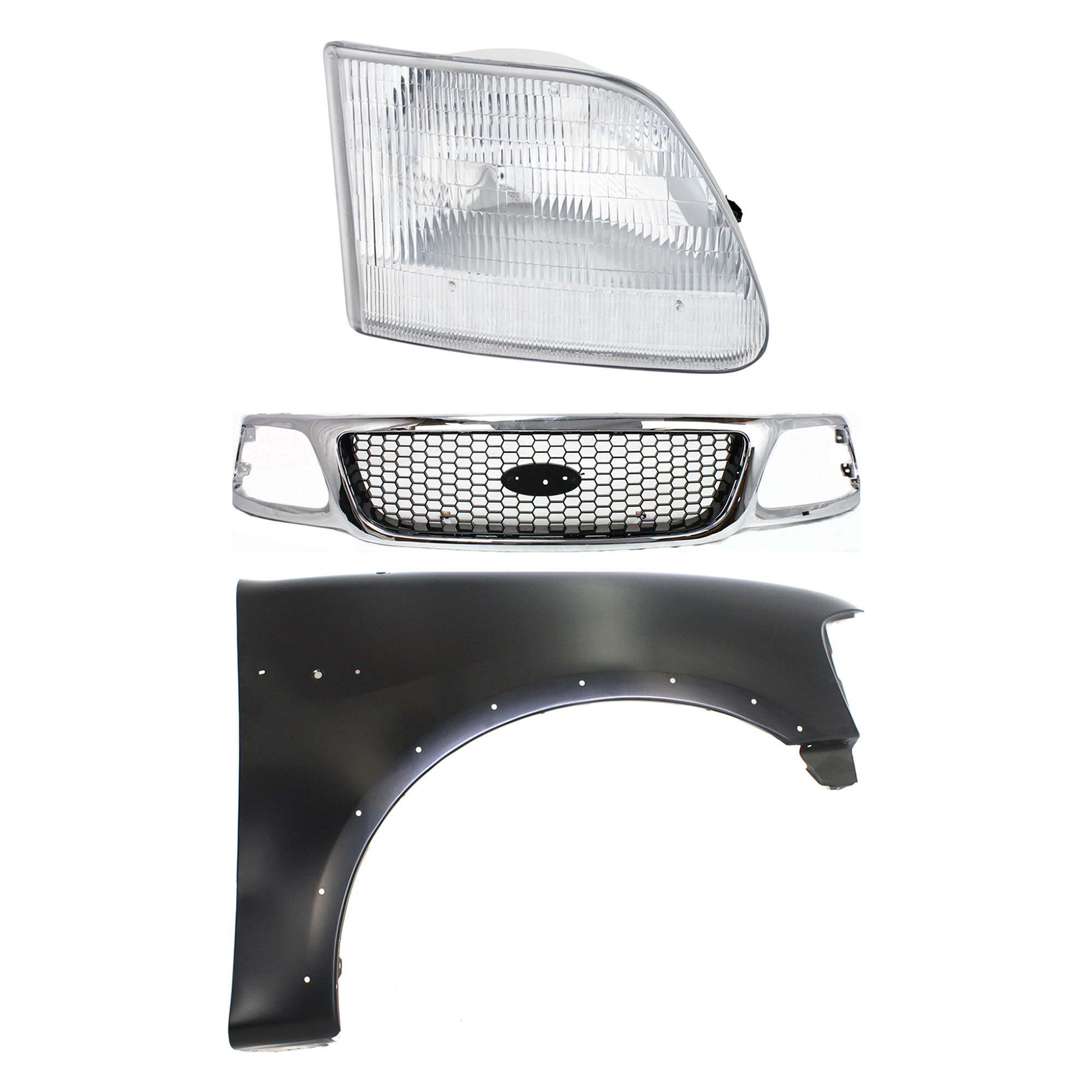 AM F 150-99-03 F 250-99-99 GRILLE 3 pc Kit with Fender and Headlight SKU KIT 022423-93101 Partslink FO1200404 FO1241192 FO2503139 OEM 3L3Z8200BB 2L3Z16005AA 3L3Z130