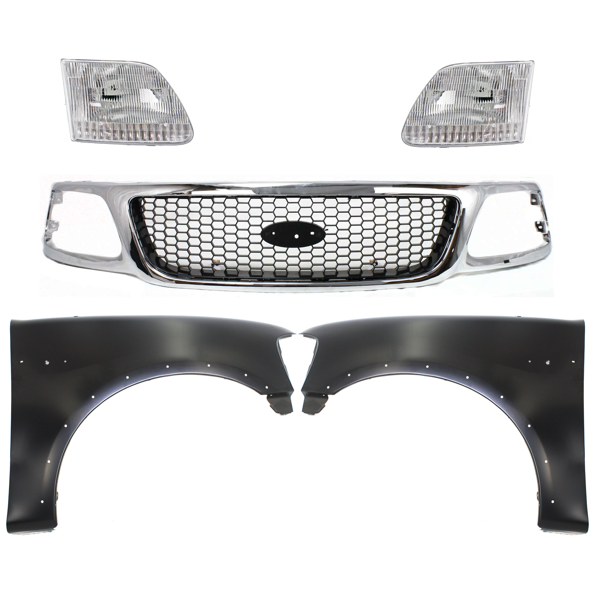 AM F 150-99-03 F 250-99-99 GRILLE Chrome Shell with Black Insert 5 pc Kit with Fenders and Headlights SKU KIT 022423-931 Partslink FO1200404 FO1240192 FO1241192 FO2503139 FO2502139 OEM 3L3Z8200BB 2L3Z16006AA 2L3Z160