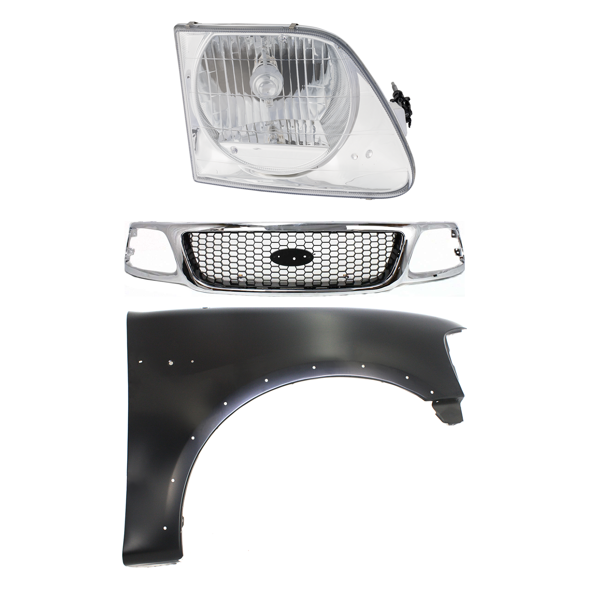 AM F 150-99-03 F 250-99-99 GRILLE 3 pc Kit with Fender and Headlight SKU KIT 022423-93201 Partslink FO1200404 FO1241192 FO2503182 OEM 3L3Z8200BB 2L3Z16005AA 3L3Z130
